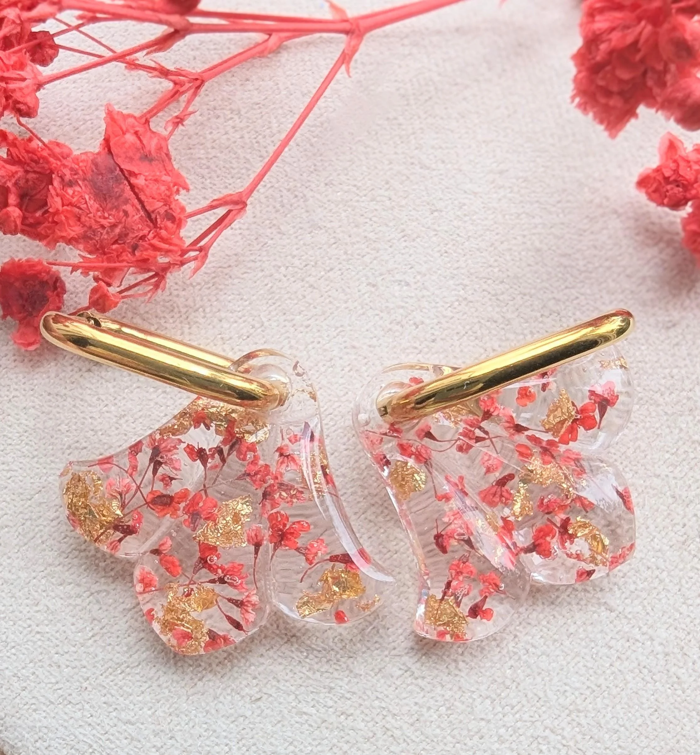 Red Lily Pressed Flower Earrings: Gold Fleur de Lis Resin Hoops