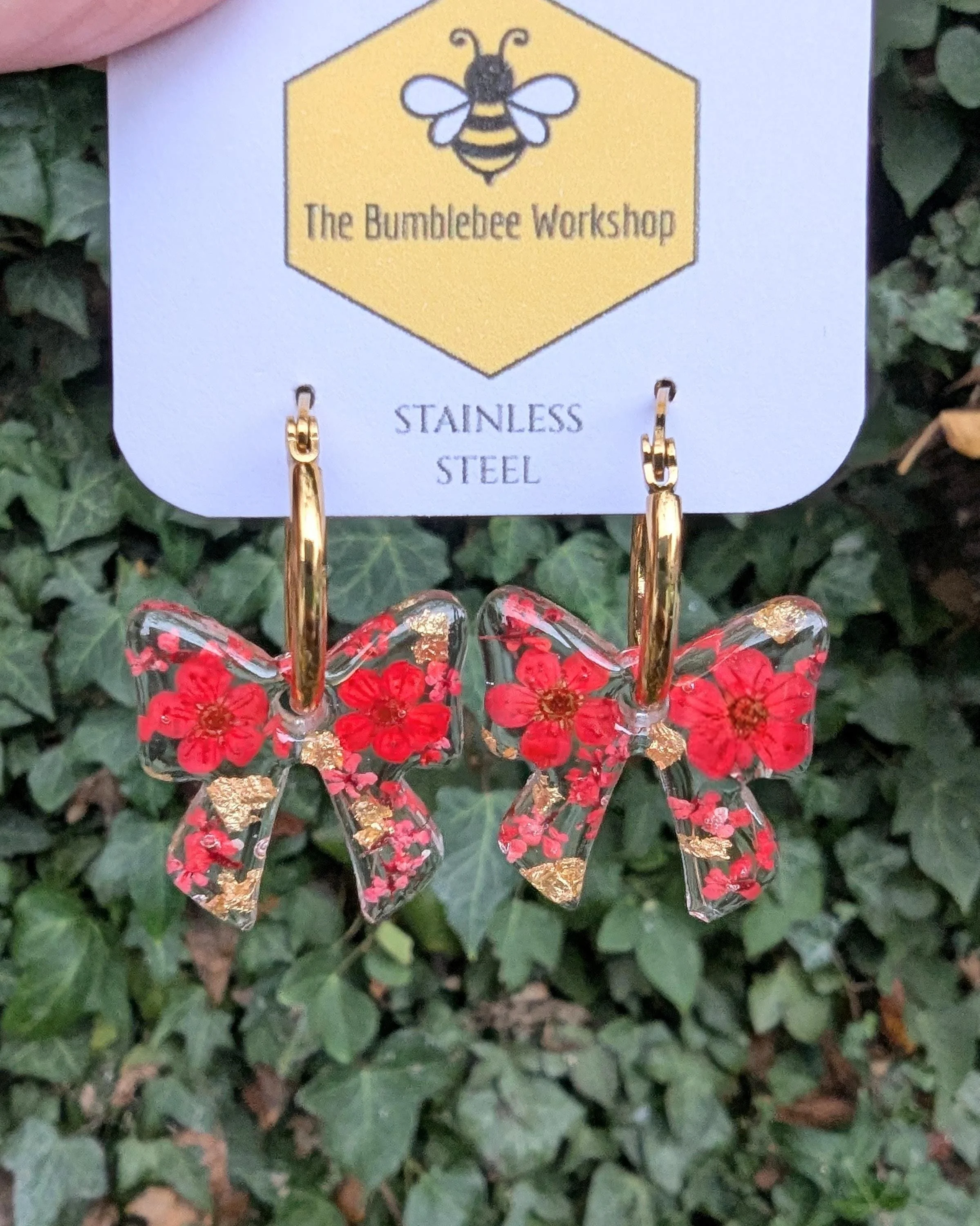 Bow Pressed Flower Earrings: Christmas Bow Jewellery Stainless Steel Hoops, Green or Red