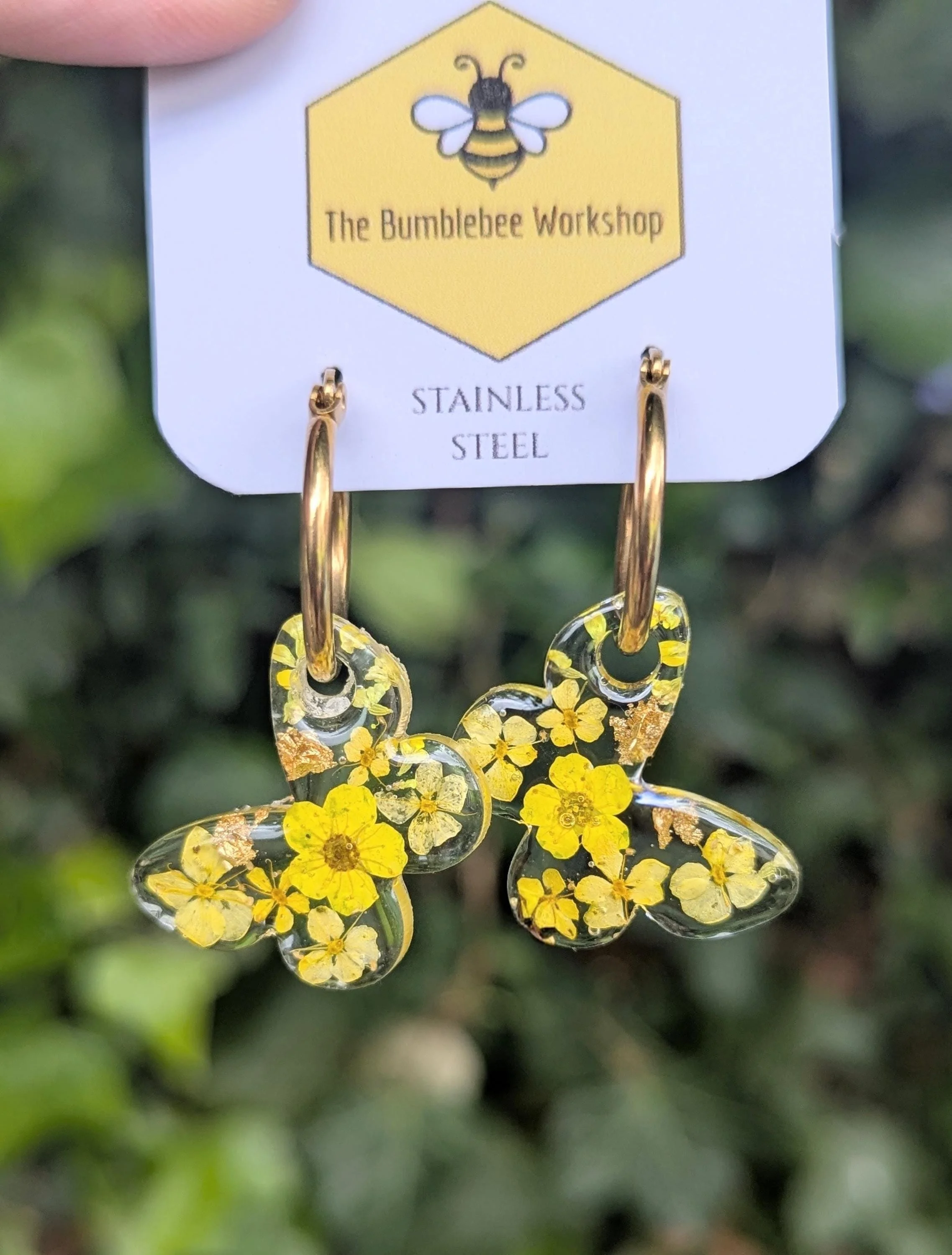 Butterfly Resin Earrings: Real Pressed Flowers, Stainless Steel Hoops