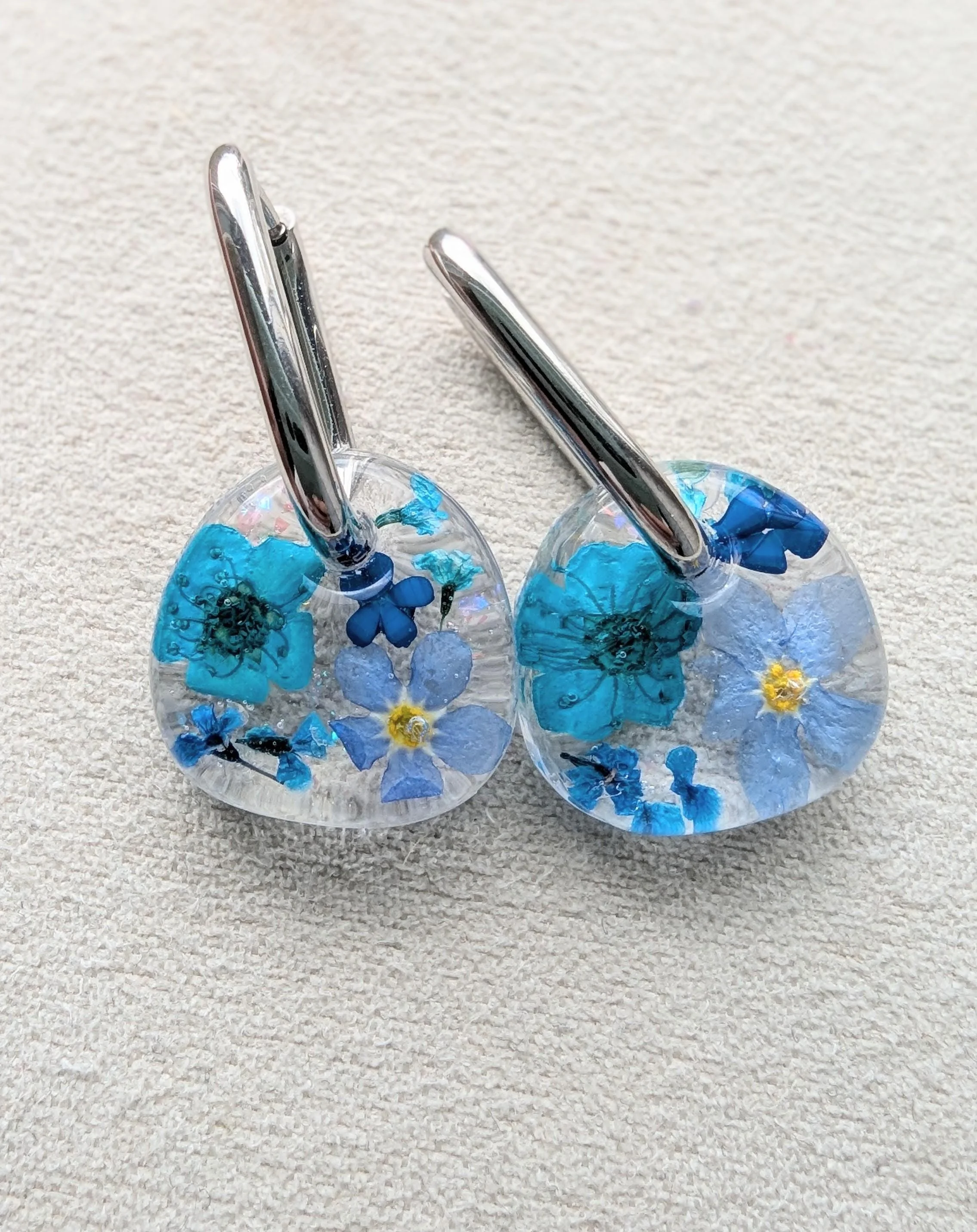 Pressed Flower Resin Earrings: Real Flowers Gold or Silver Stainless Steel Oval Hoops