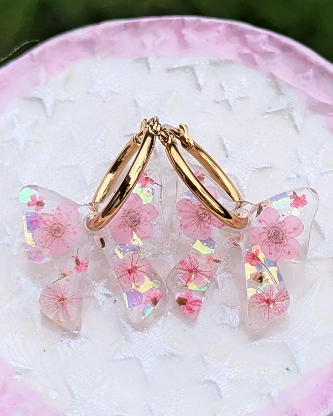 Bow Pressed Flower Earrings: Christmas Bow Jewellery Stainless Steel Hoops