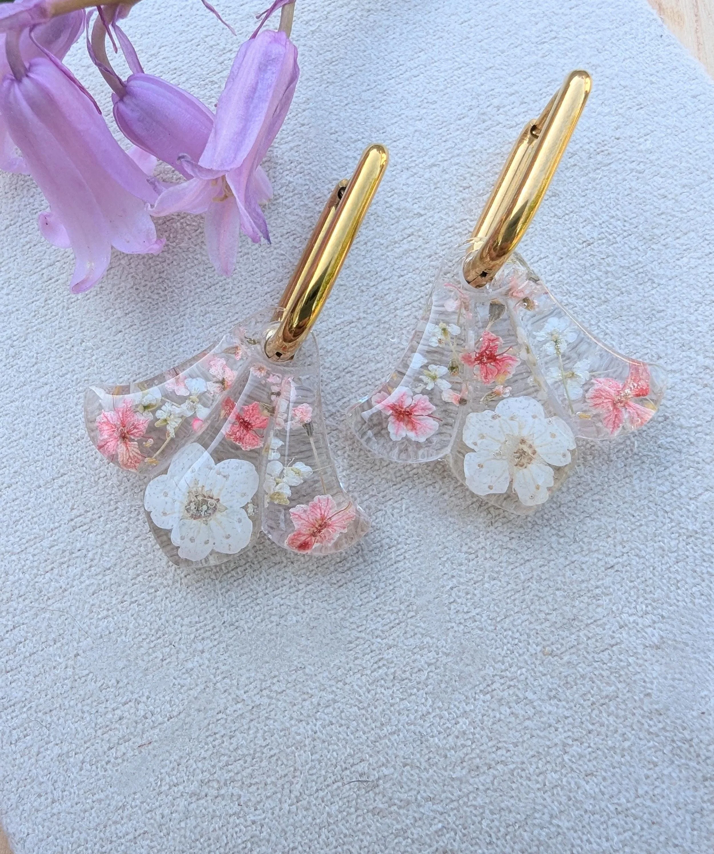 Pressed Flower Earrings: Lily Resin Stainless Steel Hoops
