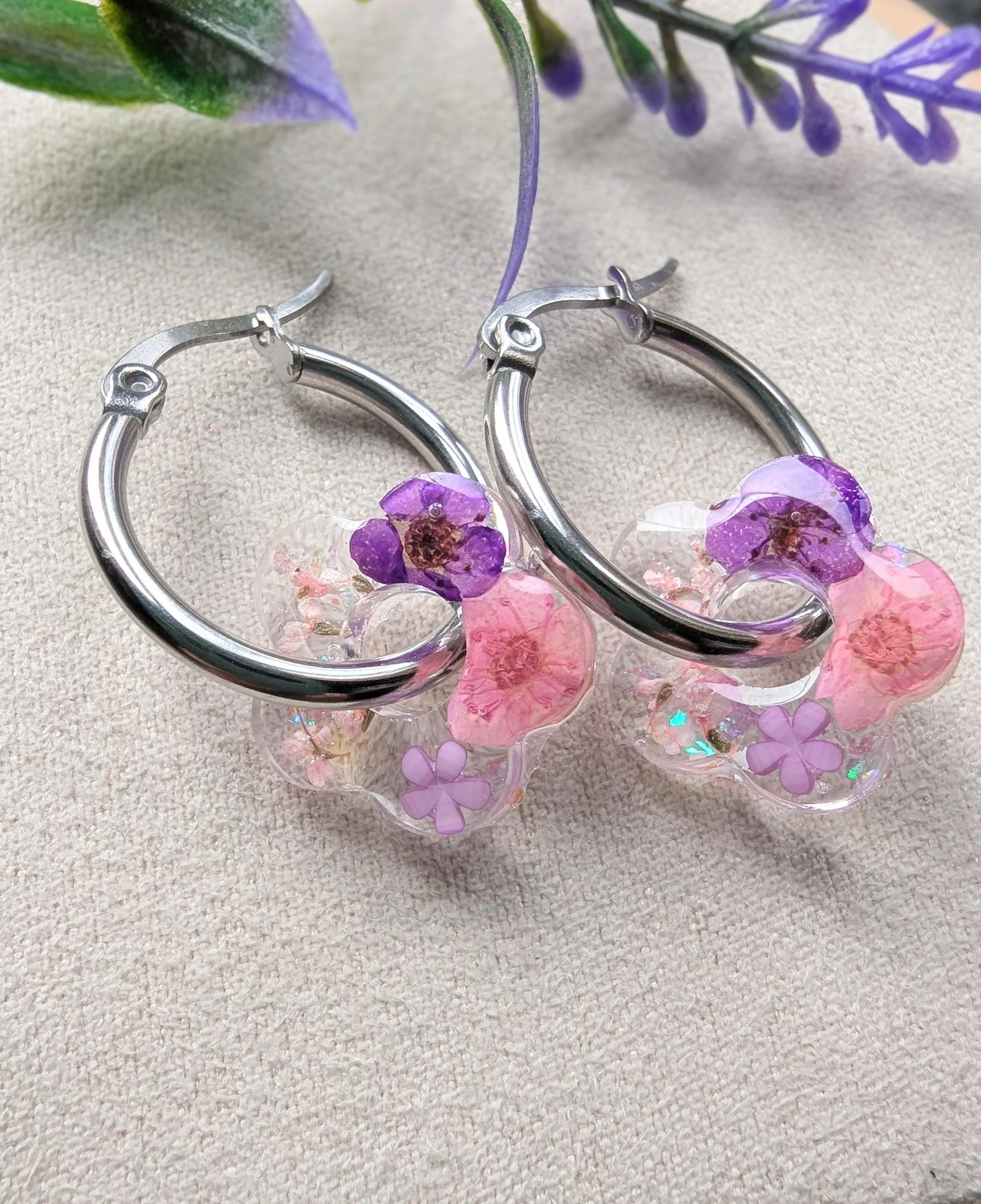 Pressed Flower Earrings: Resin Stainless Steel Hoops, Purple & Pink Flowers