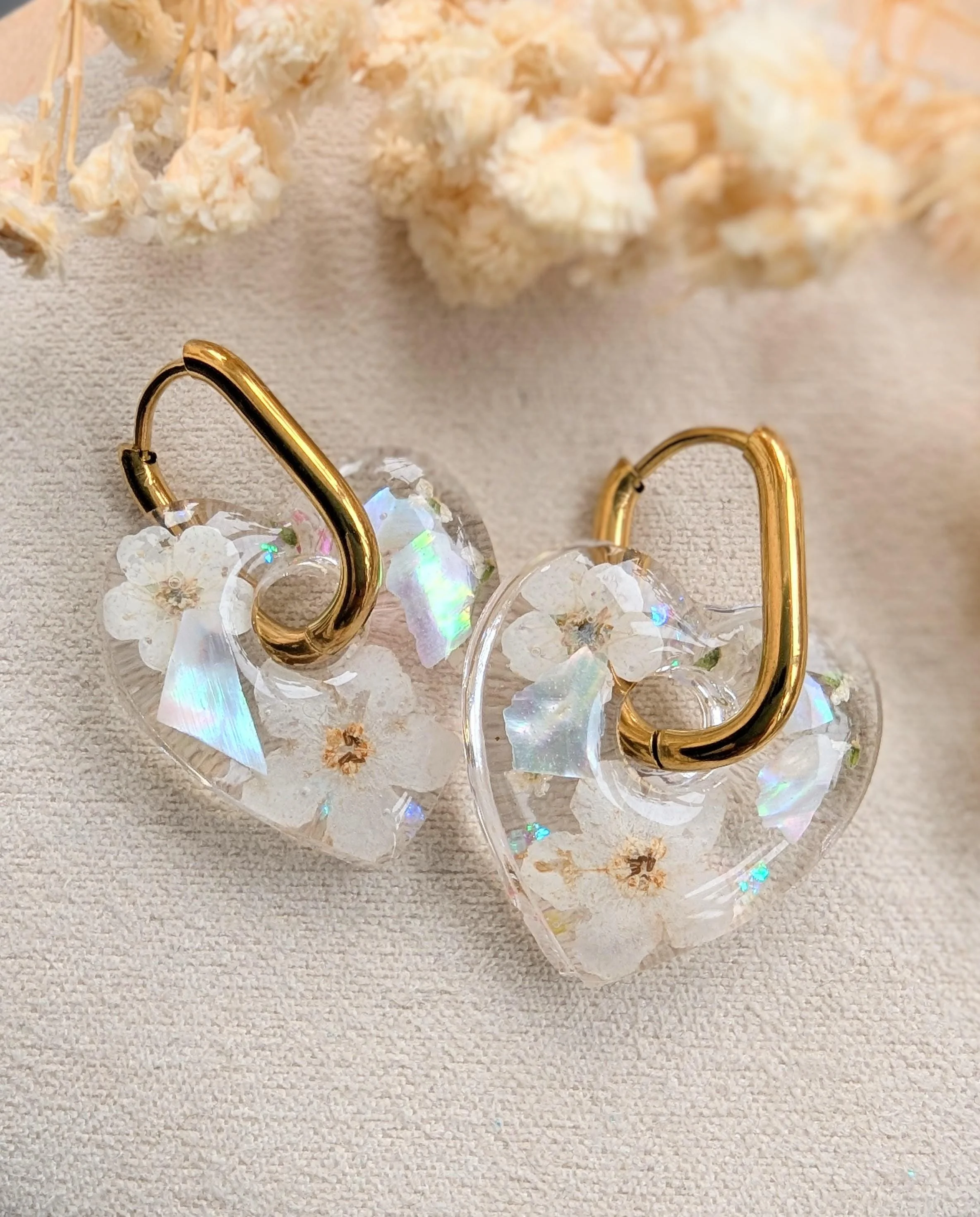 Handmade Heart Resin Earrings: Ivory Pressed Flowers & Seashell Hoops, Bridal earrings
