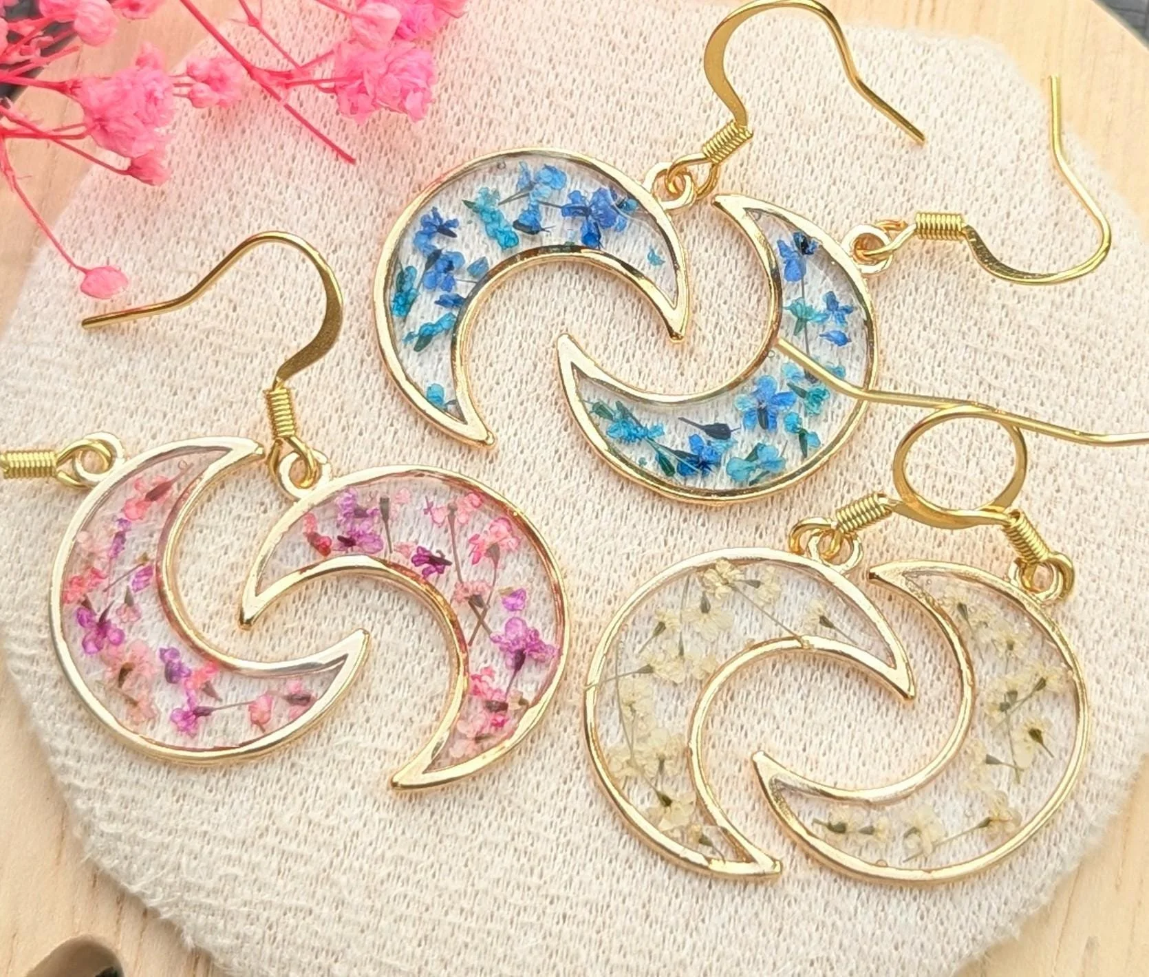 Pressed Flower Moon Earrings: 18k Gold Plated Hooks, Real Flowers in resin Celestial gift