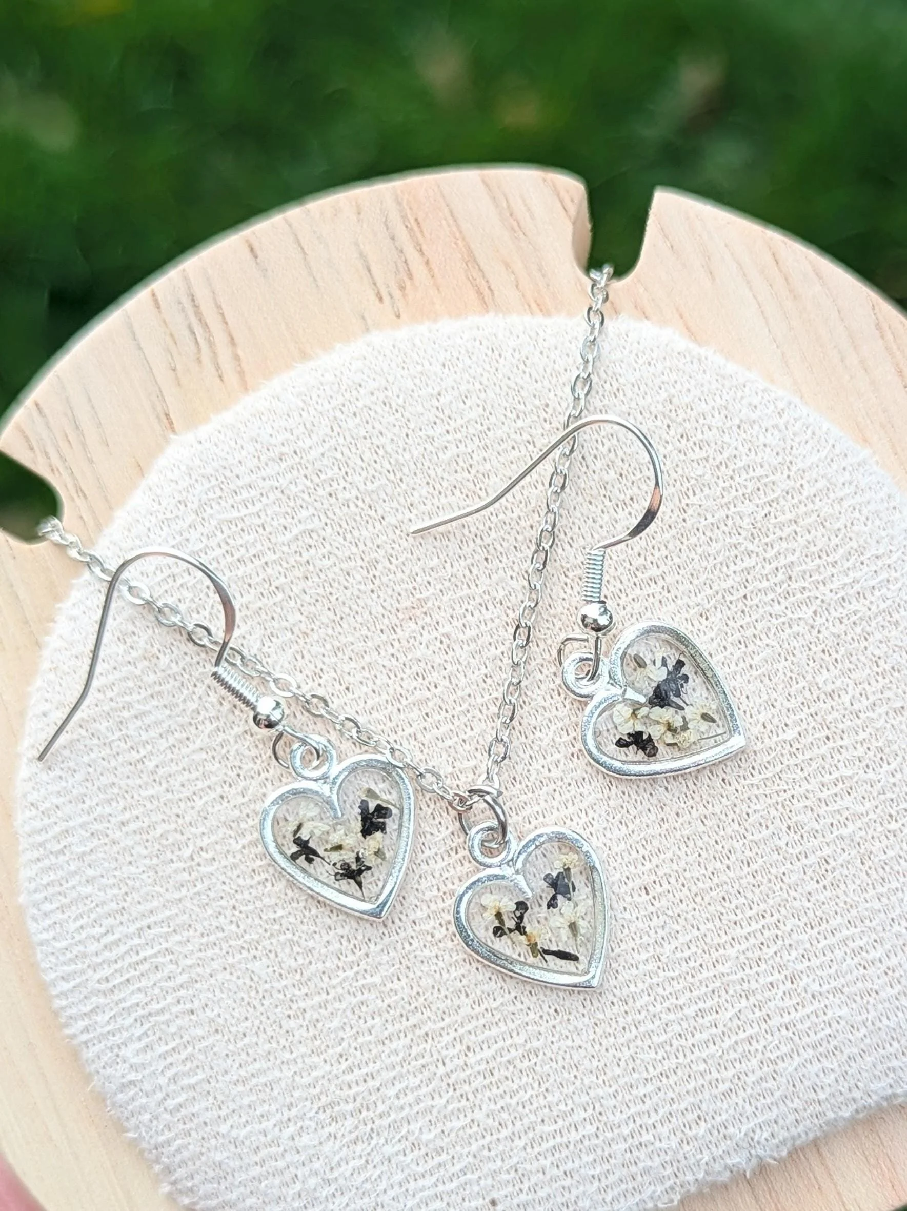 Black and White Pressed Flower Heart Jewelry Set: Sterling Silver Earrings & Necklace