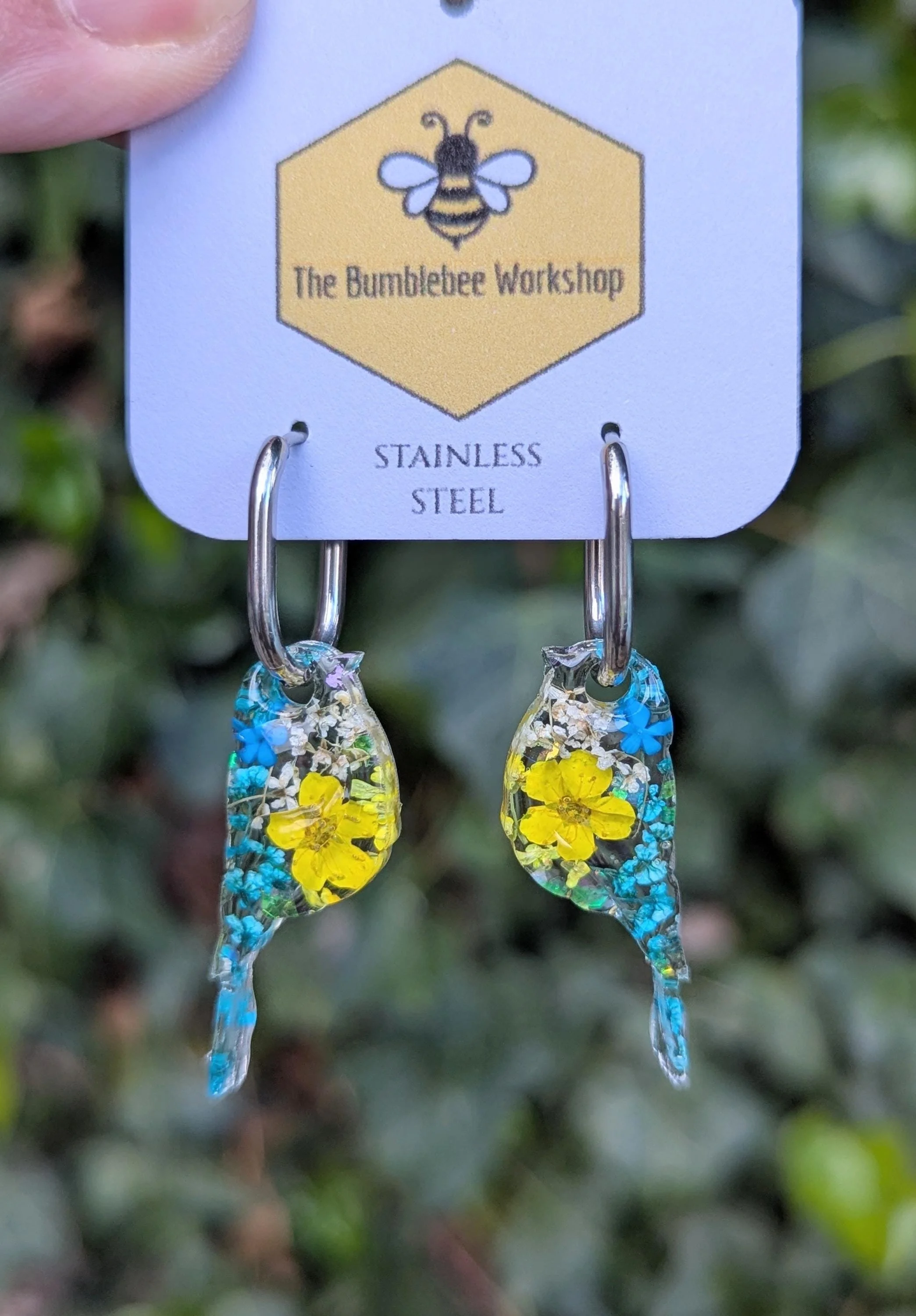 Blue Tit Handmade Pressed Flower Earrings: Bird Resin Dangle on Huggie Hoops