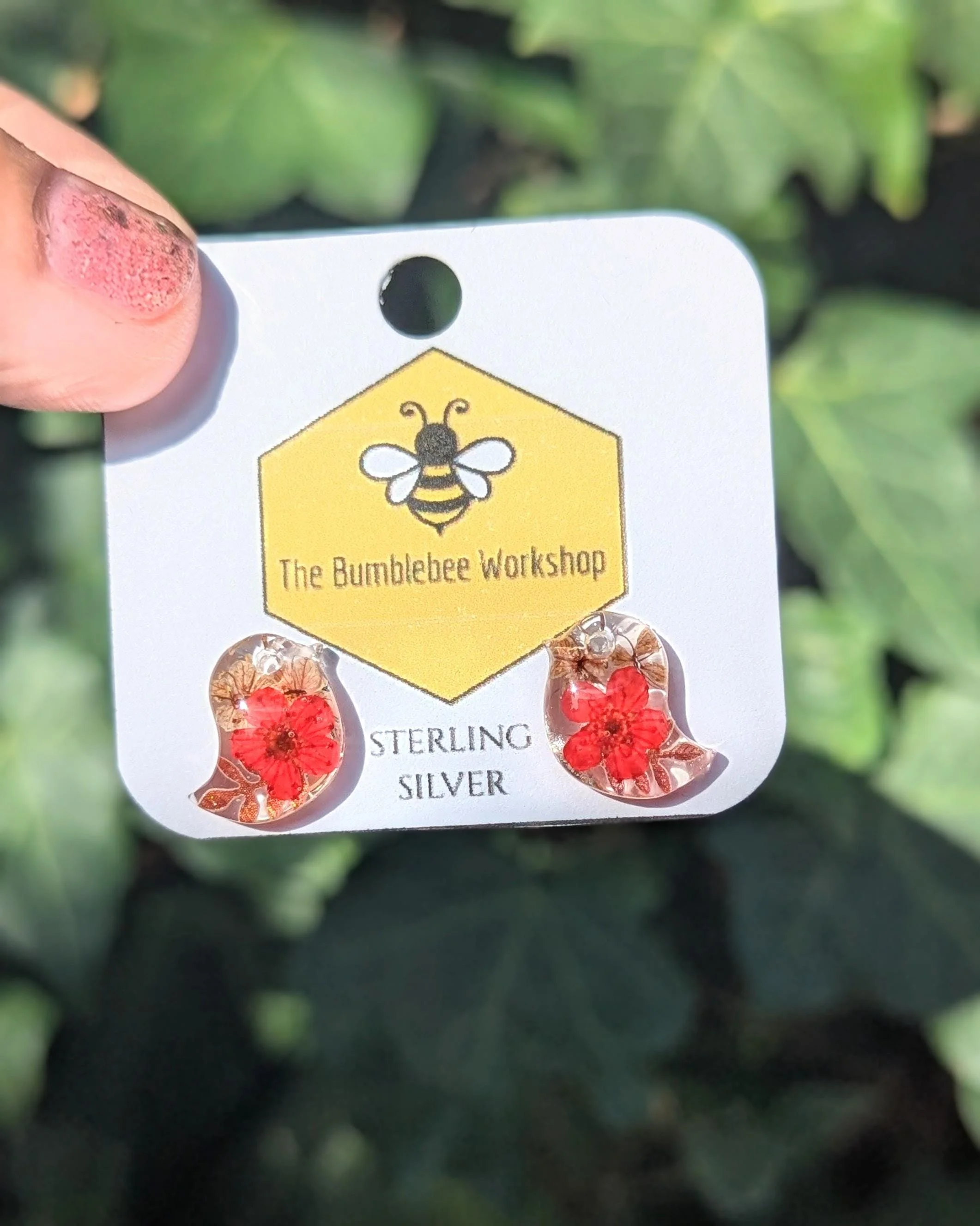 Pressed Flower Robin Earrings: Sterling Silver Studs, Christmas jewellery