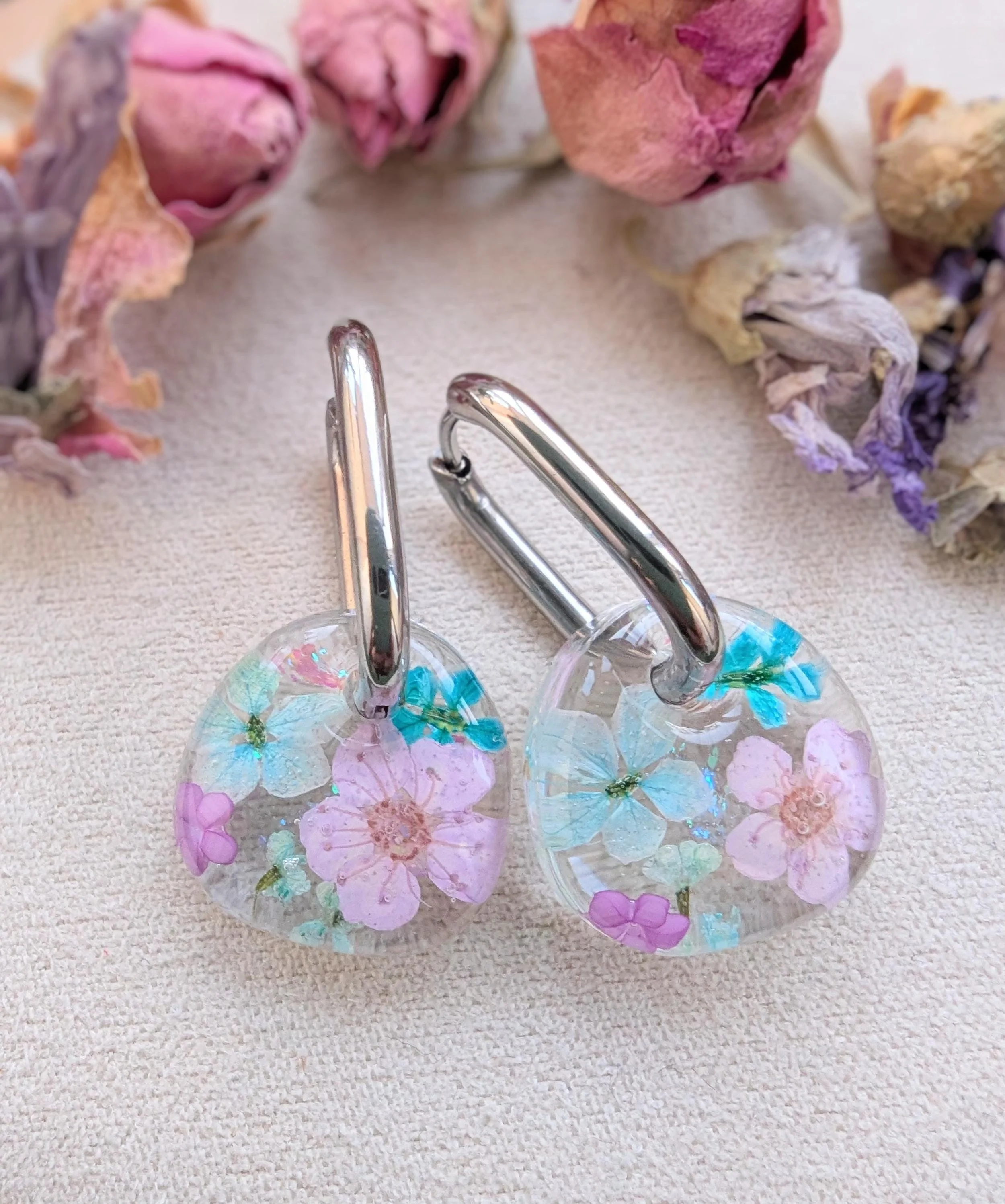 Handmade Pressed Flower Earrings: Pastel Resin Huggie Hoops