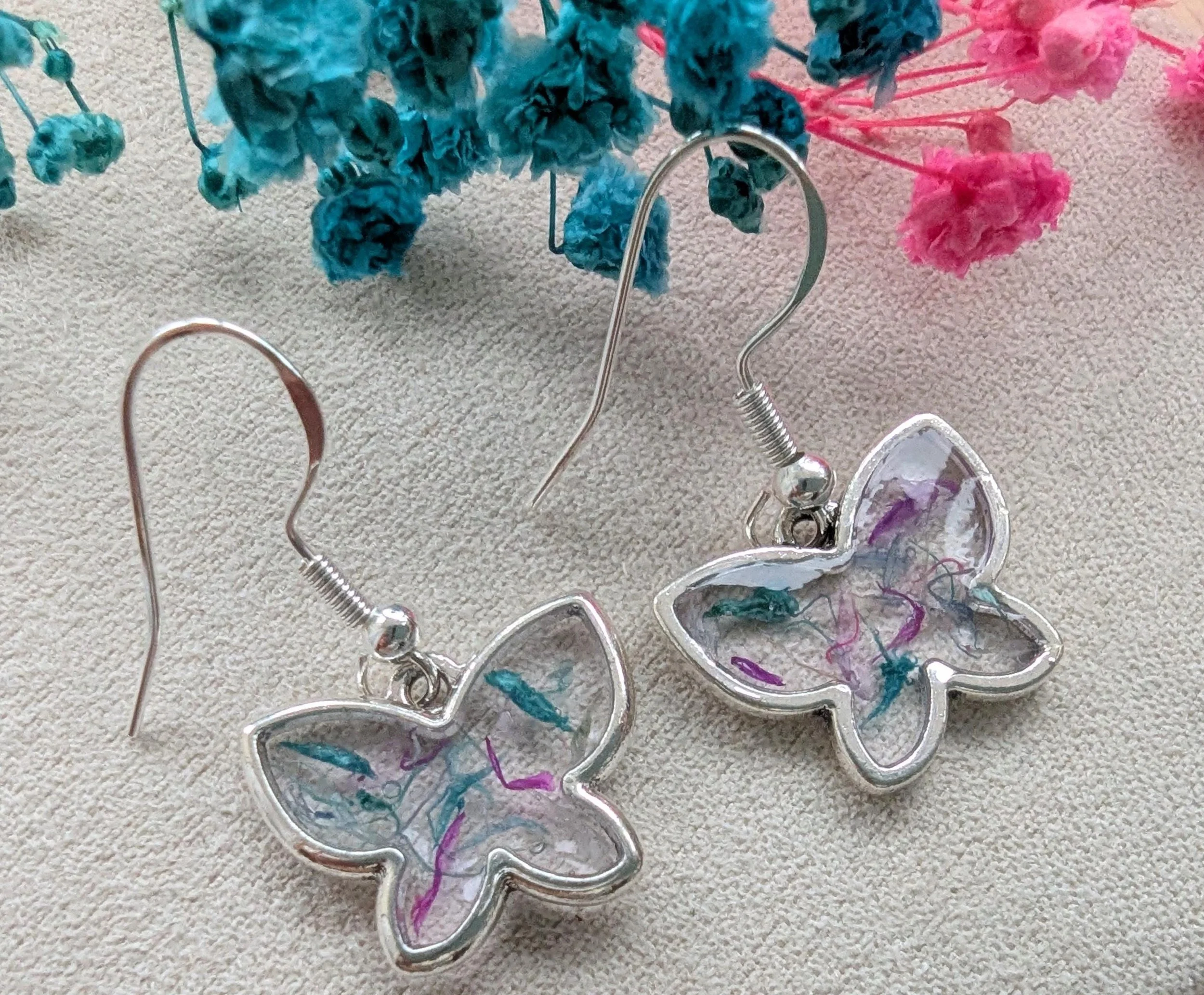 Pressed Flower Butterfly Earrings: Sterling Silver Resin Dangle