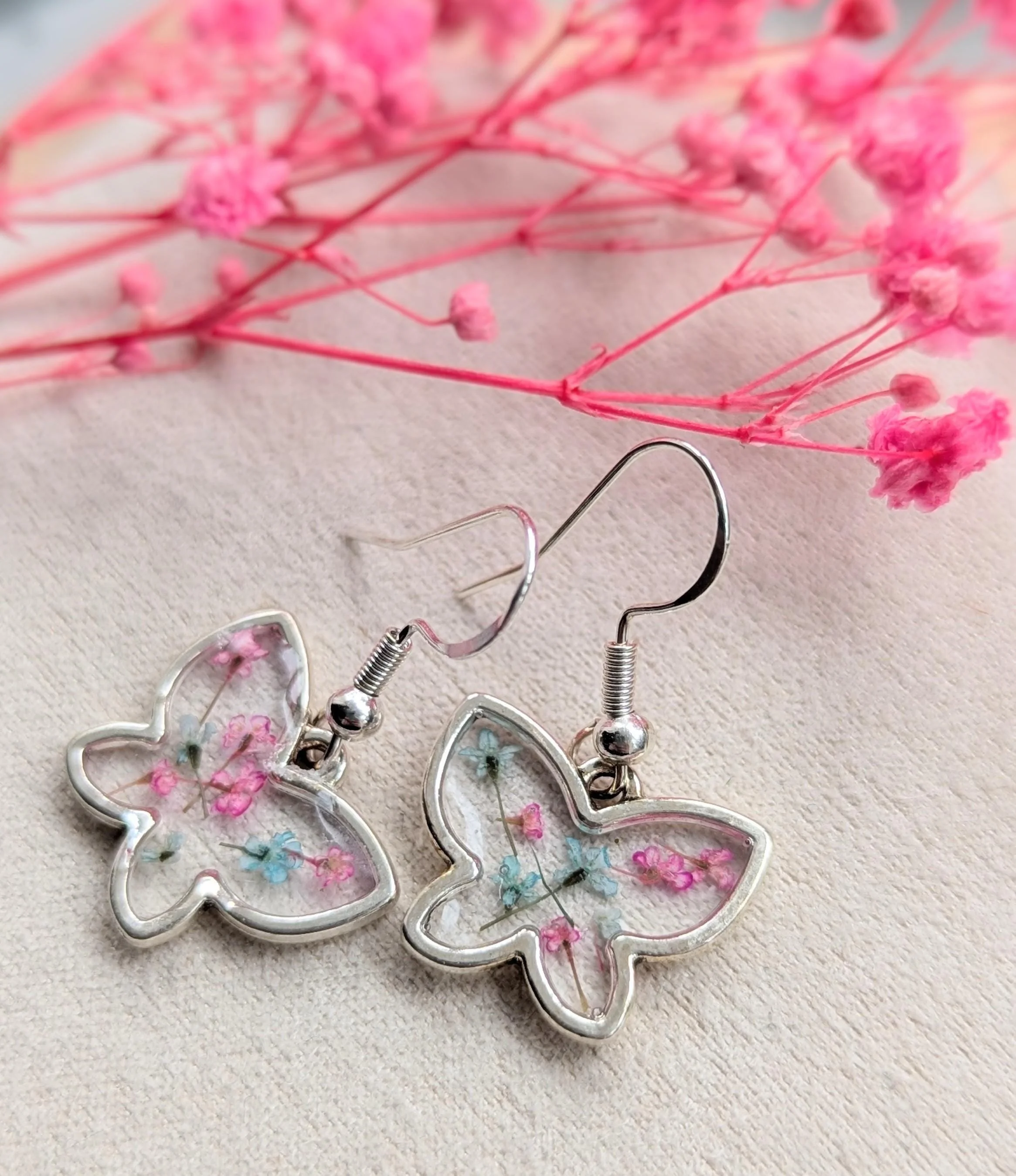 Butterfly Earrings: Pressed Flowers, Sterling Silver Hooks, Resin Dangle