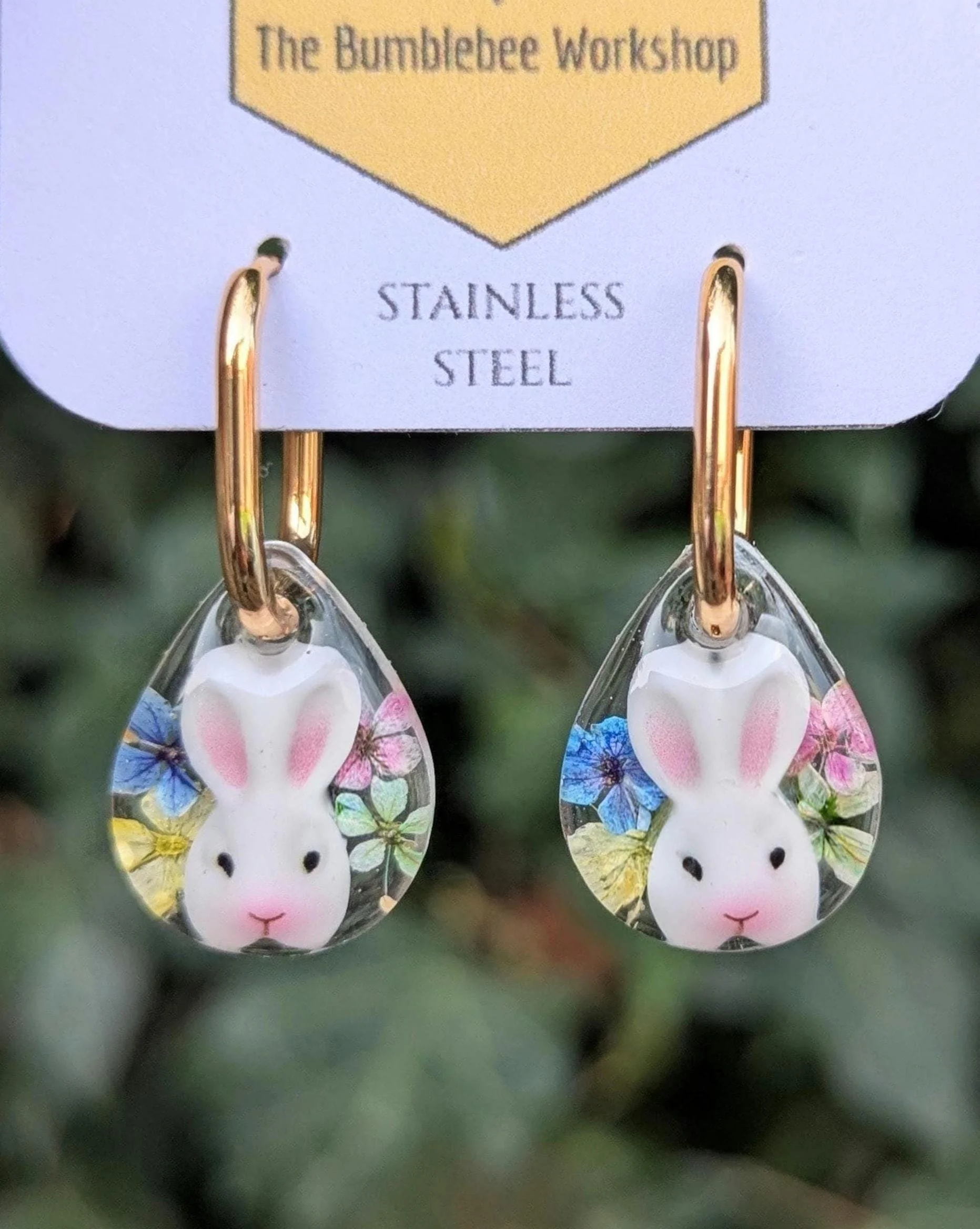 Easter Handmade Pressed Flower Earrings: Bunny Teardrop Resin Dangle on Huggie Hoops
