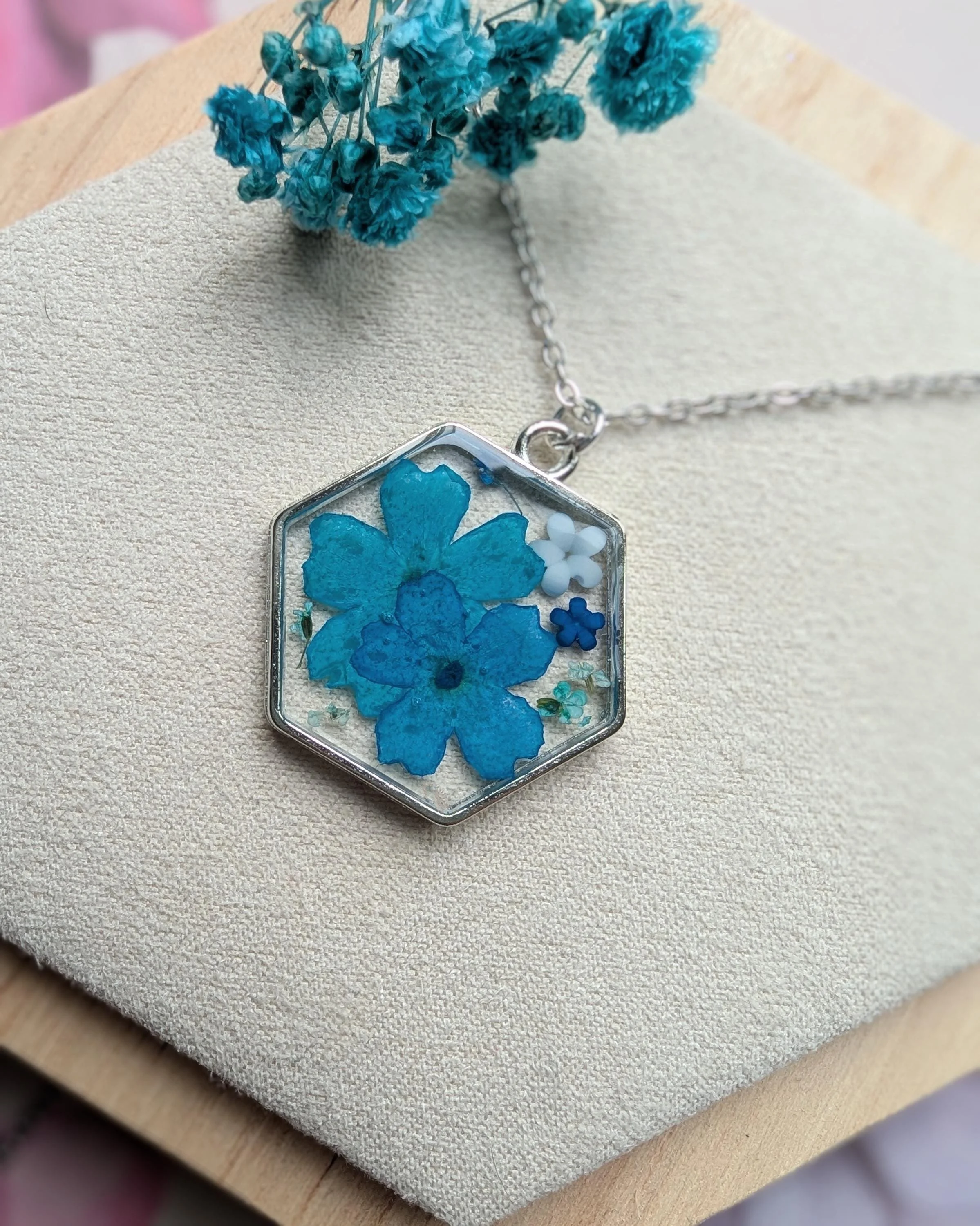 Blue Pressed Flower Pendant: Real Dried Flowers, Stainless Steel Chain