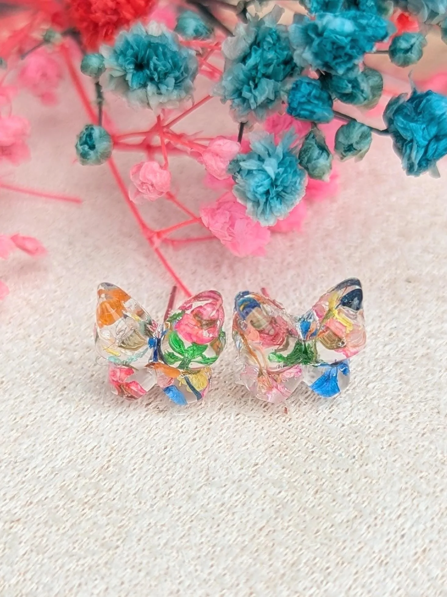 Pressed Flower Butterfly Earrings: Sterling Silver Studs, Resin Jewelry