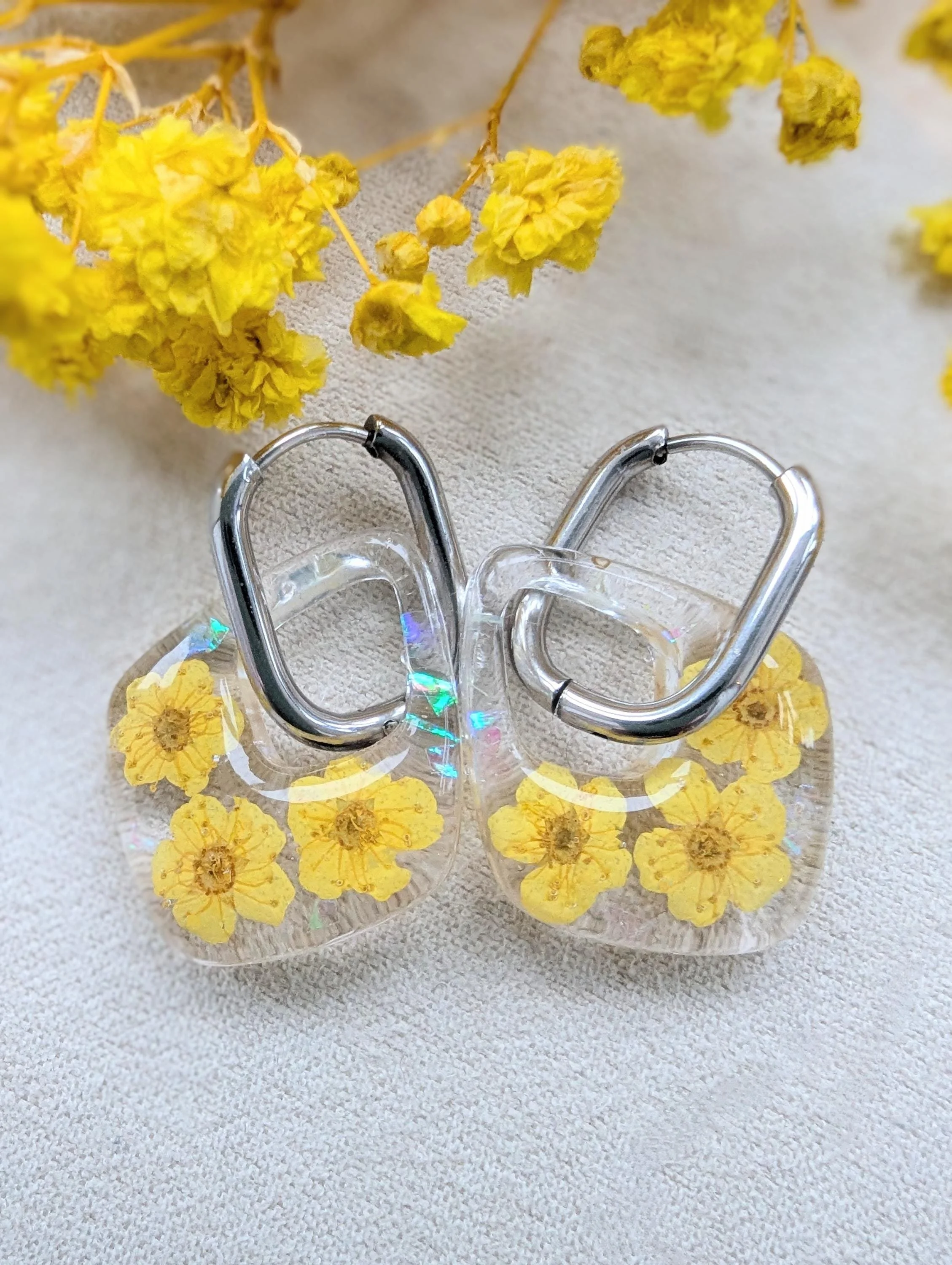 Yellow Pressed Flower Resin Earrings: Diamond Huggie Hoops