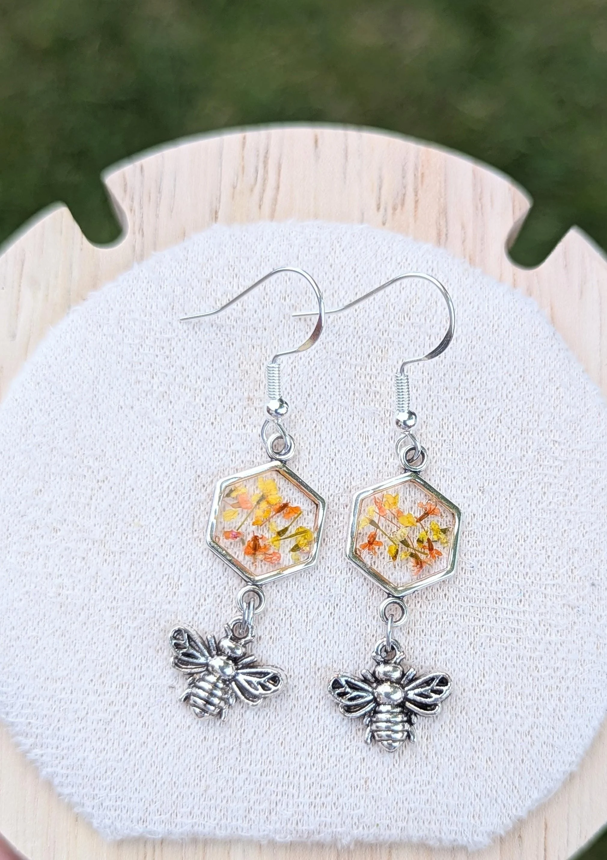 Bumblebee Dangle Earrings: Pressed Flowers, Sterling Silver Hooks