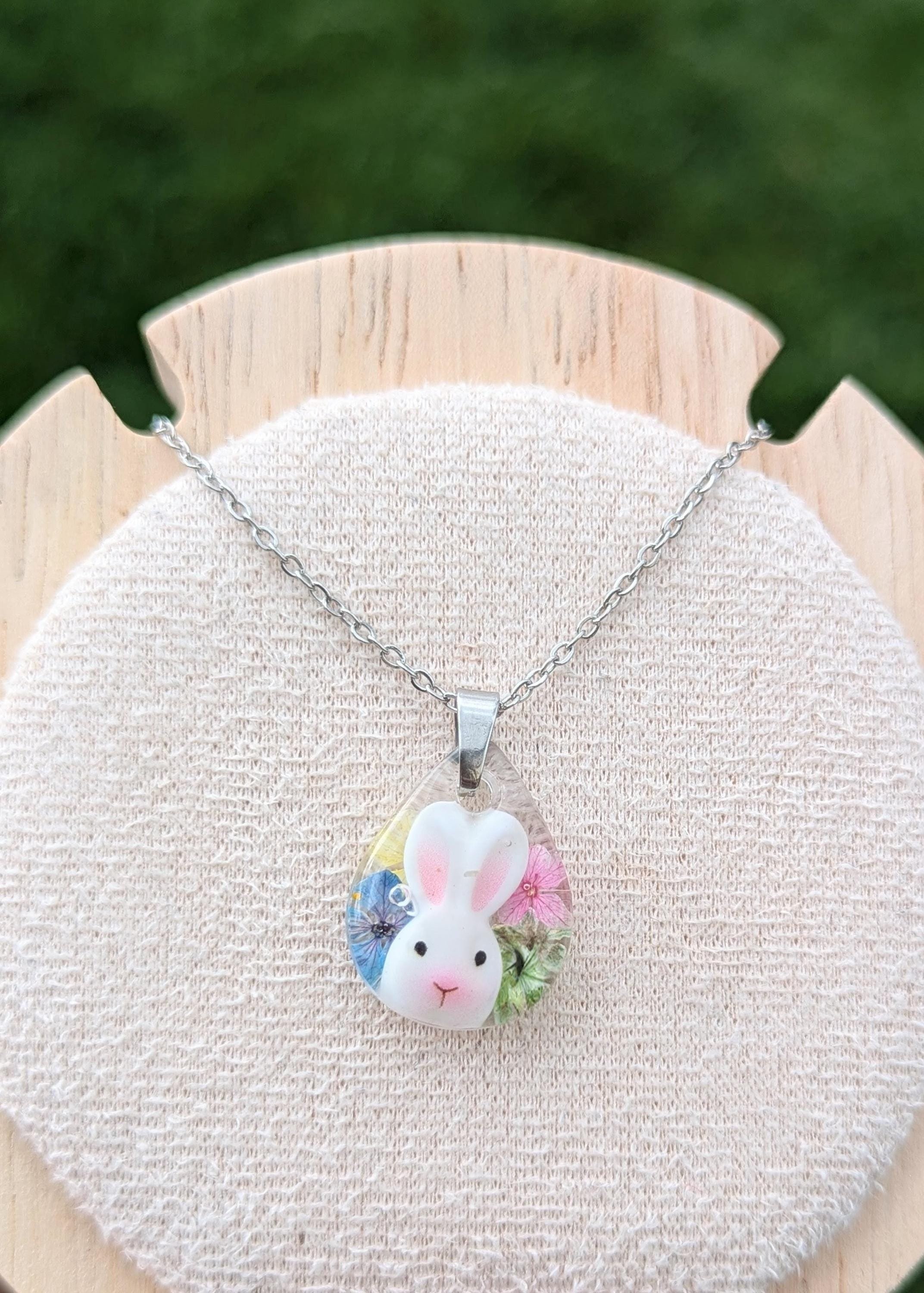 Easter Handmade Pressed Flower Necklace: Bunny Teardrop Resin Dangle Pendant