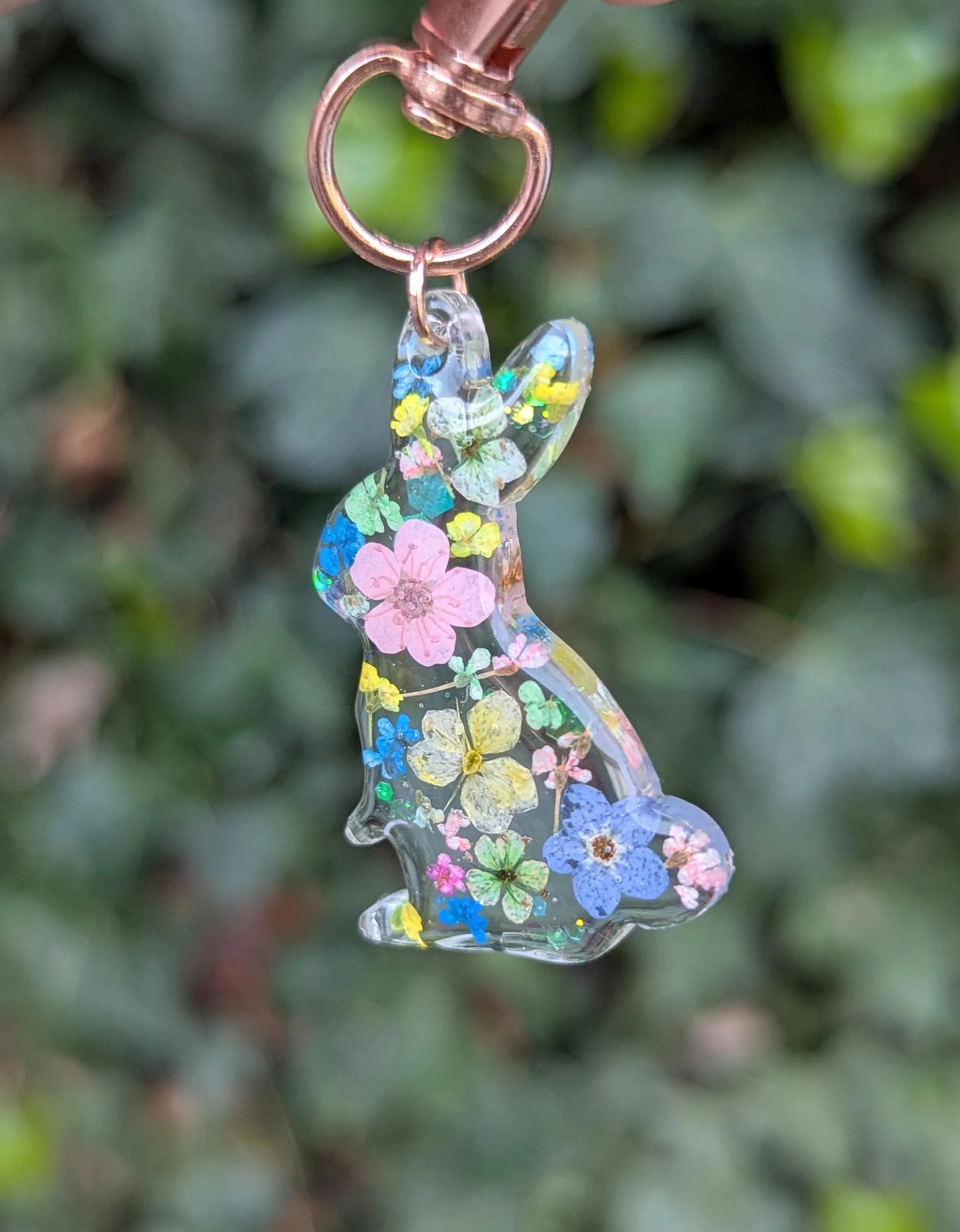 Pressed Flower Bunny Bag Charm: Rabbit Shaped Easter Keyring with Real Flowers