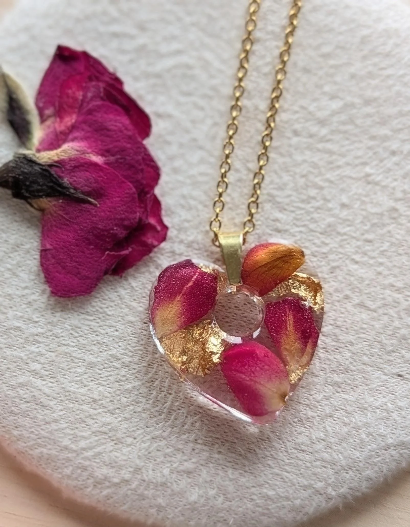 Real Rose Petal Heart Necklace: Pressed Roses in Resin, Stainless Steel Chain