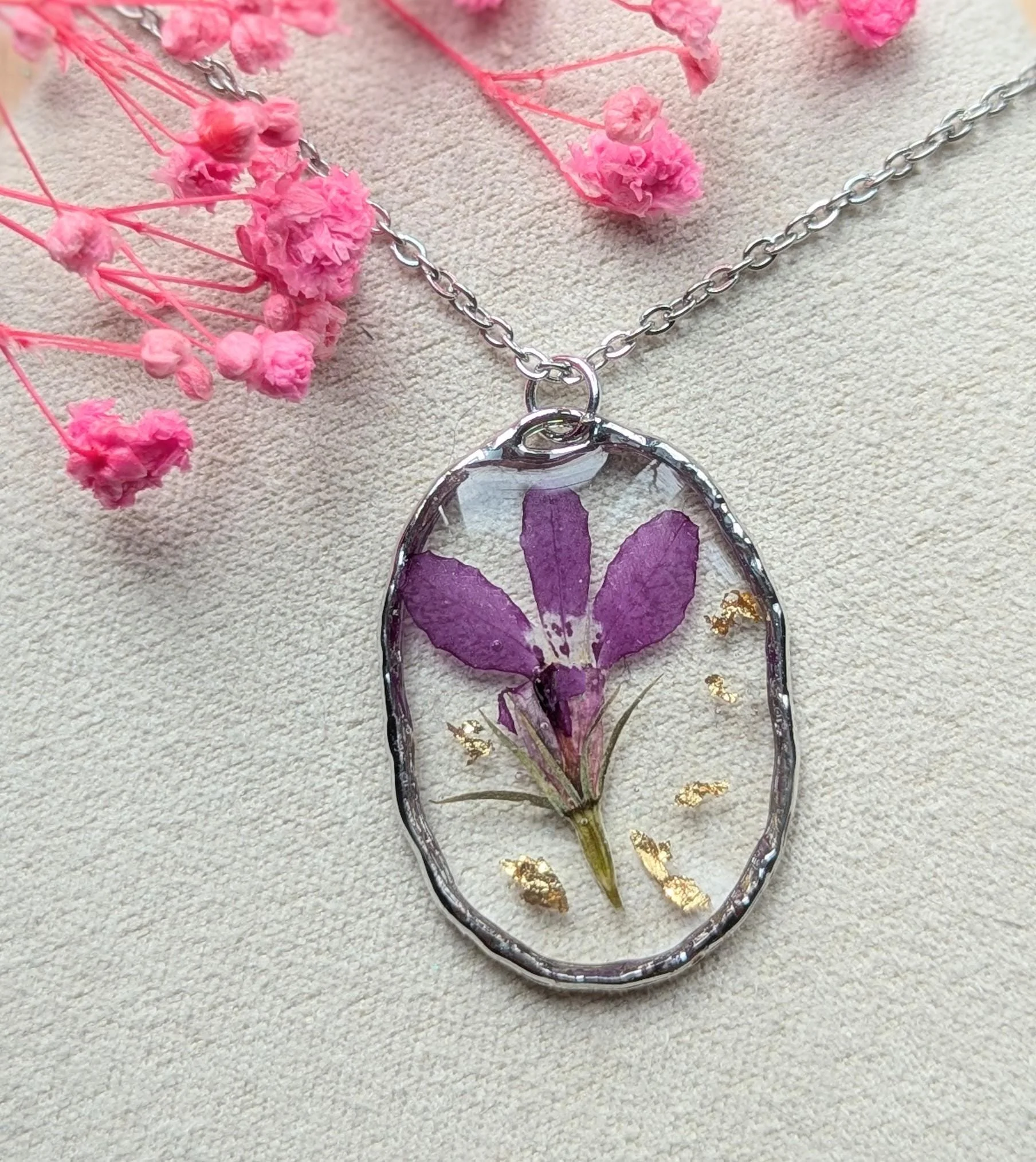 Lobelia Flower Pendant: Real Pressed Flower, Gold Leaf, Stainless Steel Chain