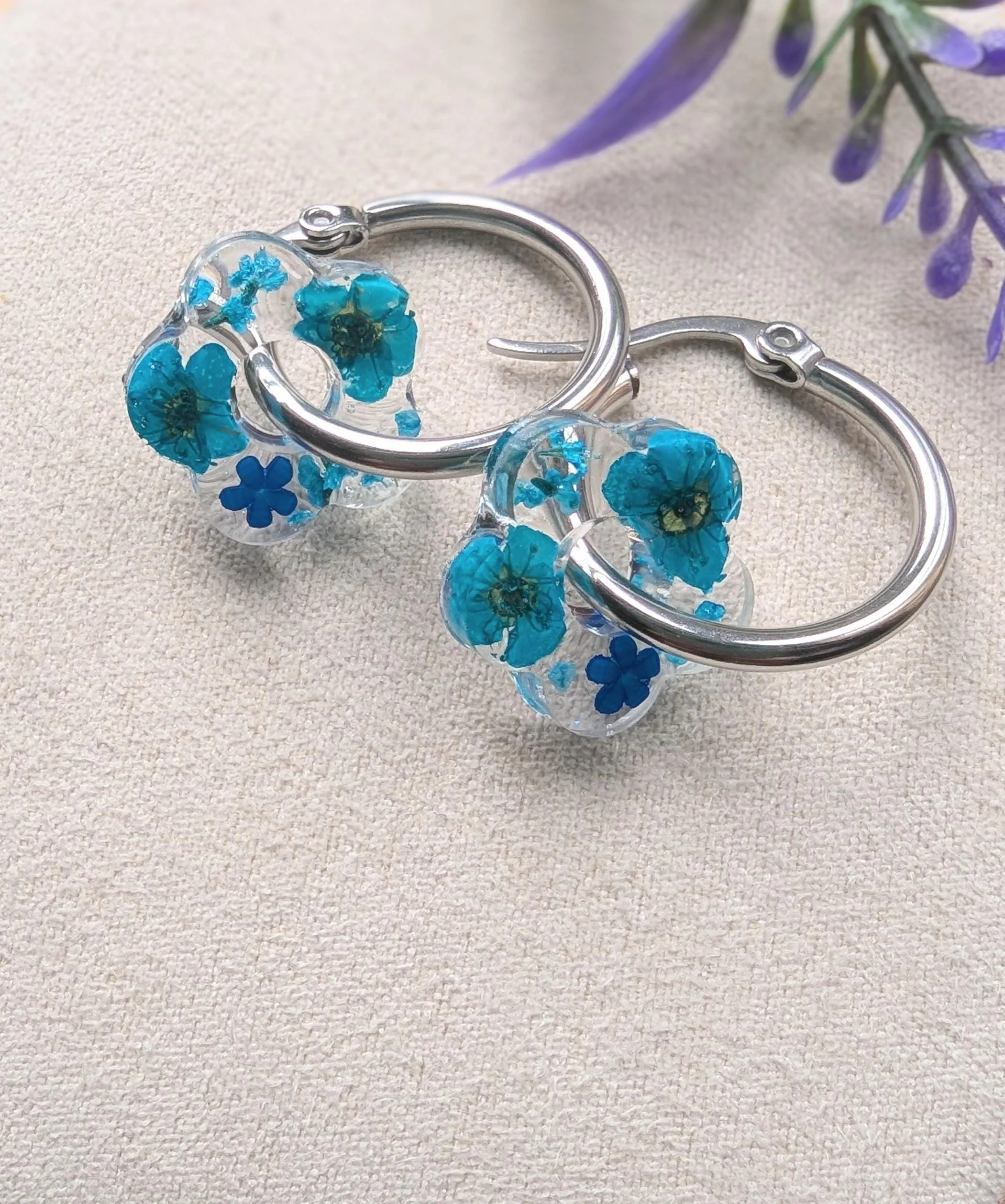 Blue Pressed Flower Earrings: Stainless Steel Resin Hoop Earrings