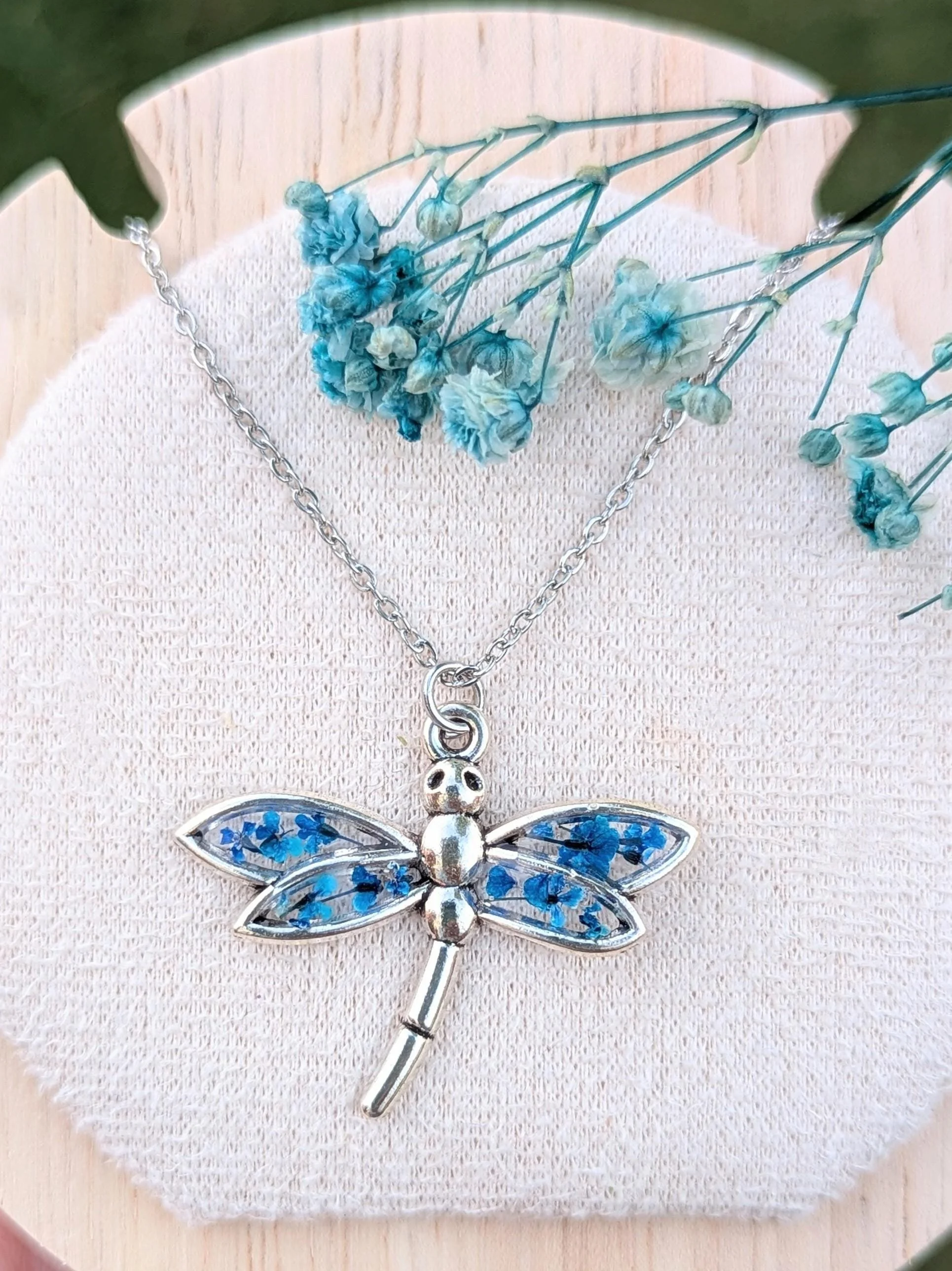 Dragonfly Pressed Flower Pendant: Real Dried Blue Flowers, Resin Necklace, Stainless steel chain