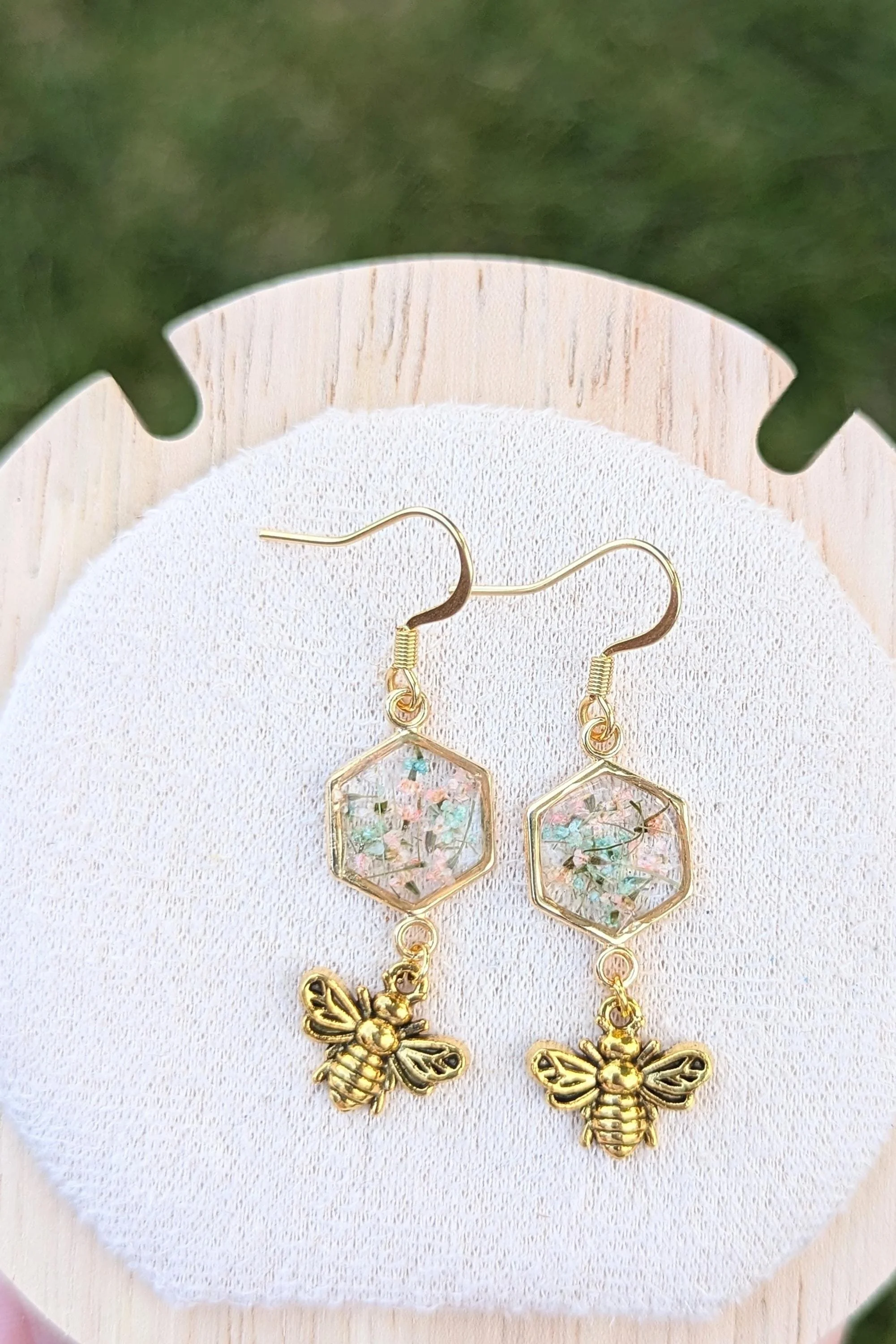 Pressed Flower Bumblebee Earrings: 18k Gold Honeycomb Dangles