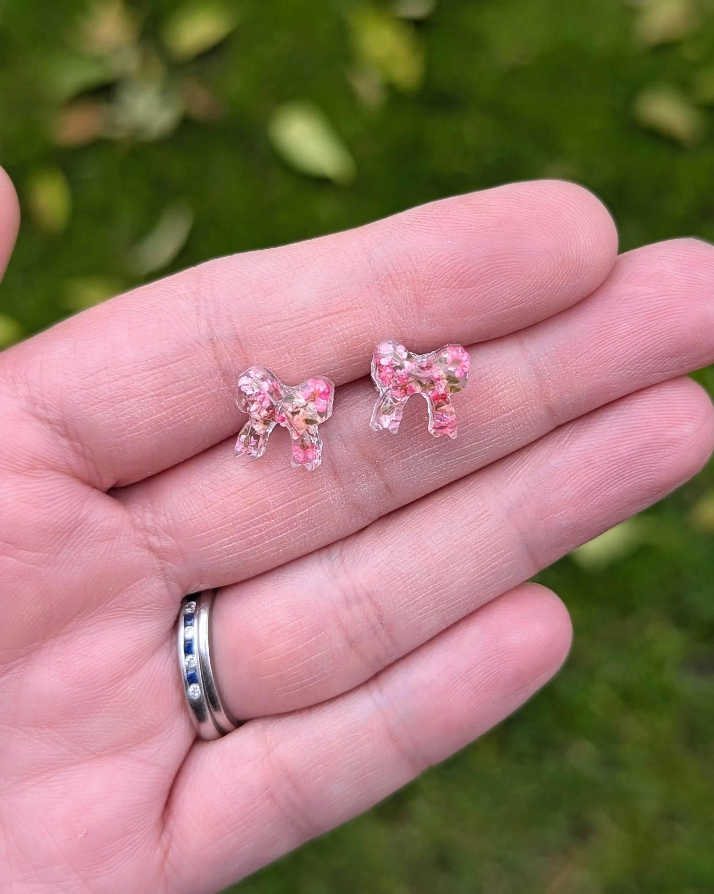 Pressed Flower Bow Earrings: Sterling Silver Studs, Resin Jewelry