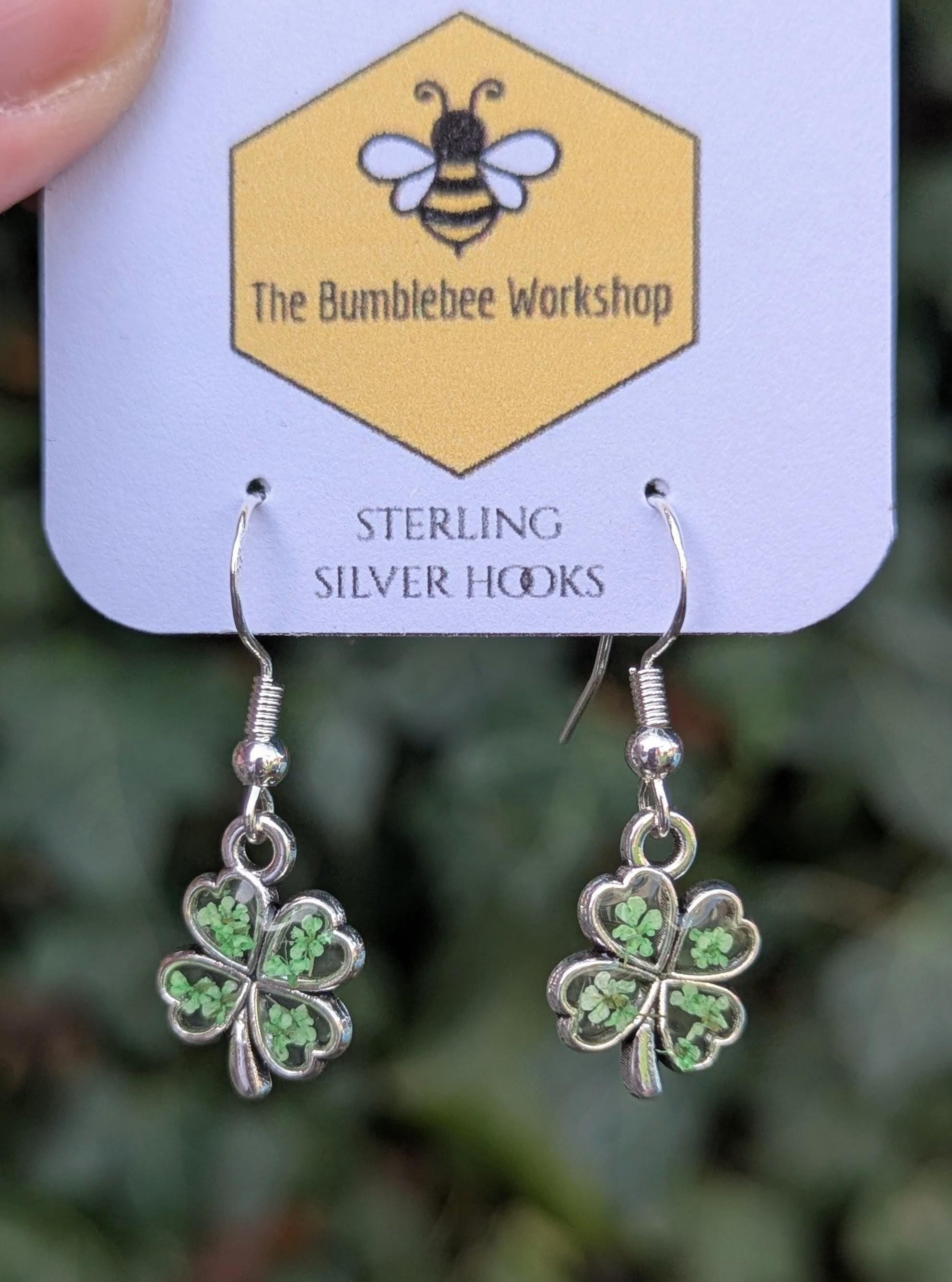Real Flower Four Leaf Clover Earrings, Sterling Silver Hooks, St. Patrick's Day Charm