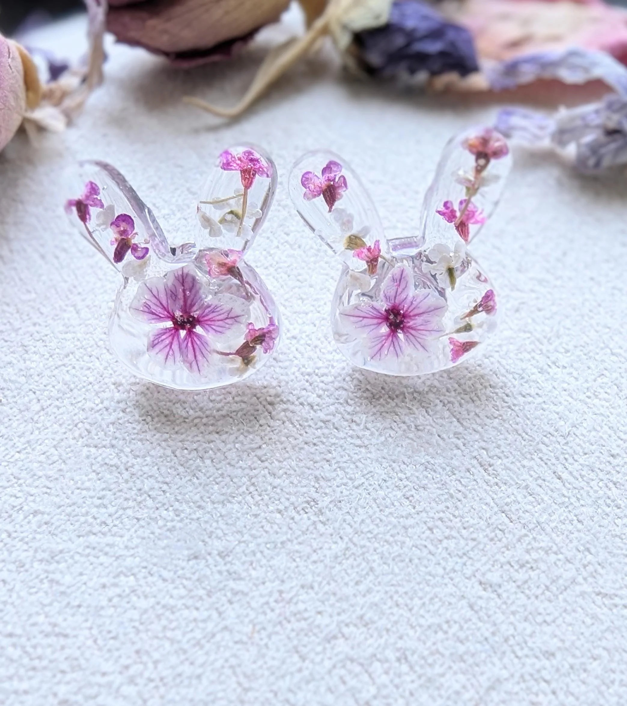Bunny Resin Blossom Earrings: Real Pressed Flowers, Sterling Silver Studs