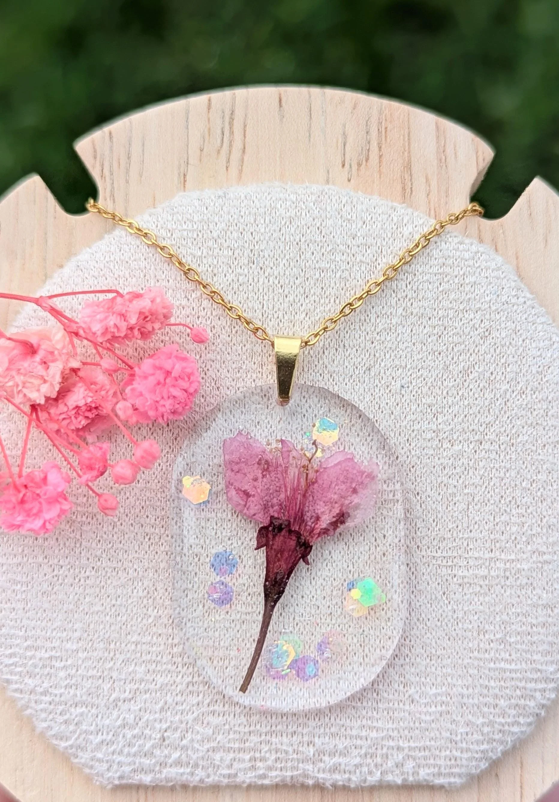Pressed Cherry Blossom Necklace: Resin Oval Pendant with Real Flower