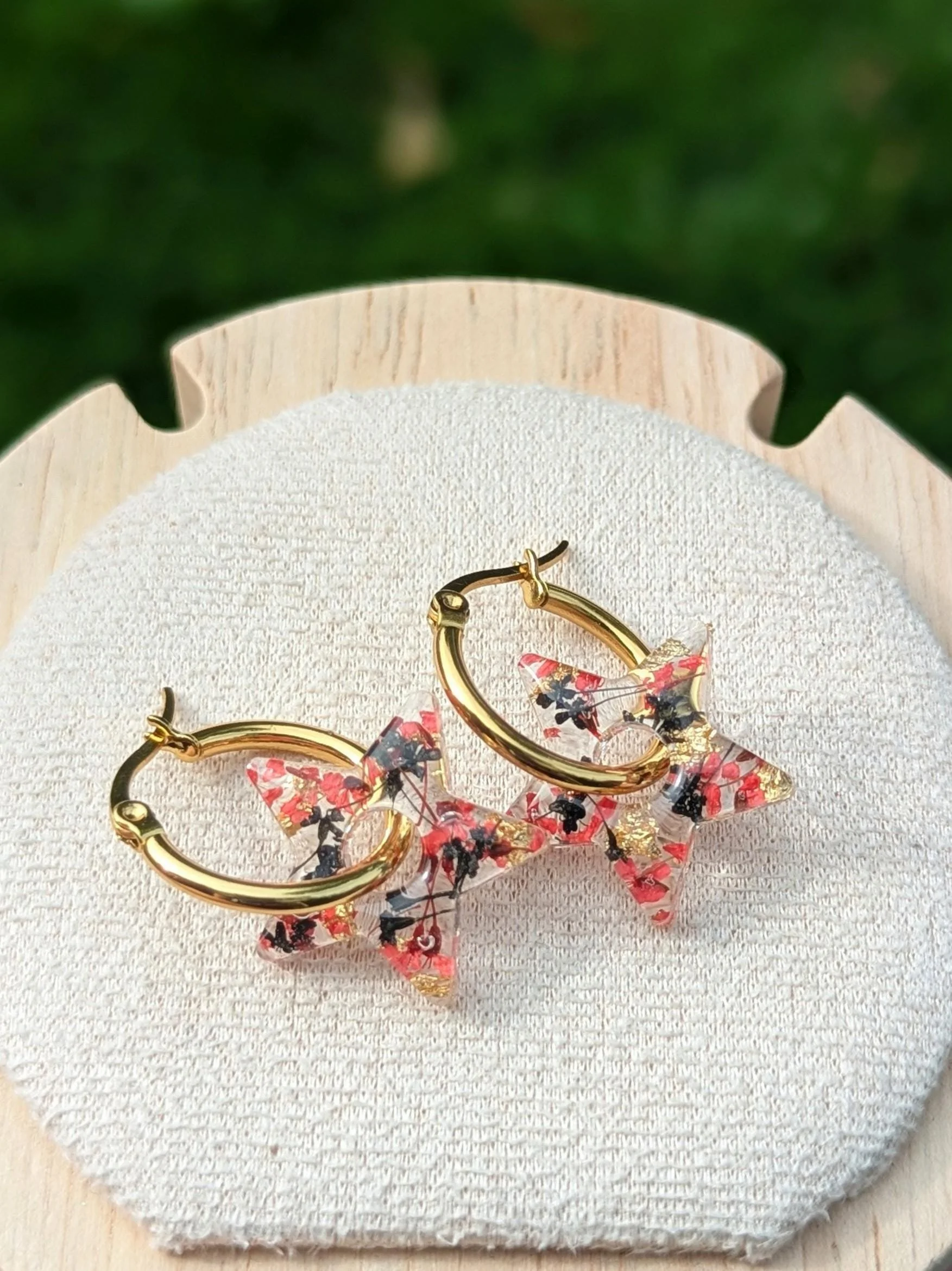 Pressed Flower Star Earrings: Red, gold and black in Resin, Stainless Steel Hoops