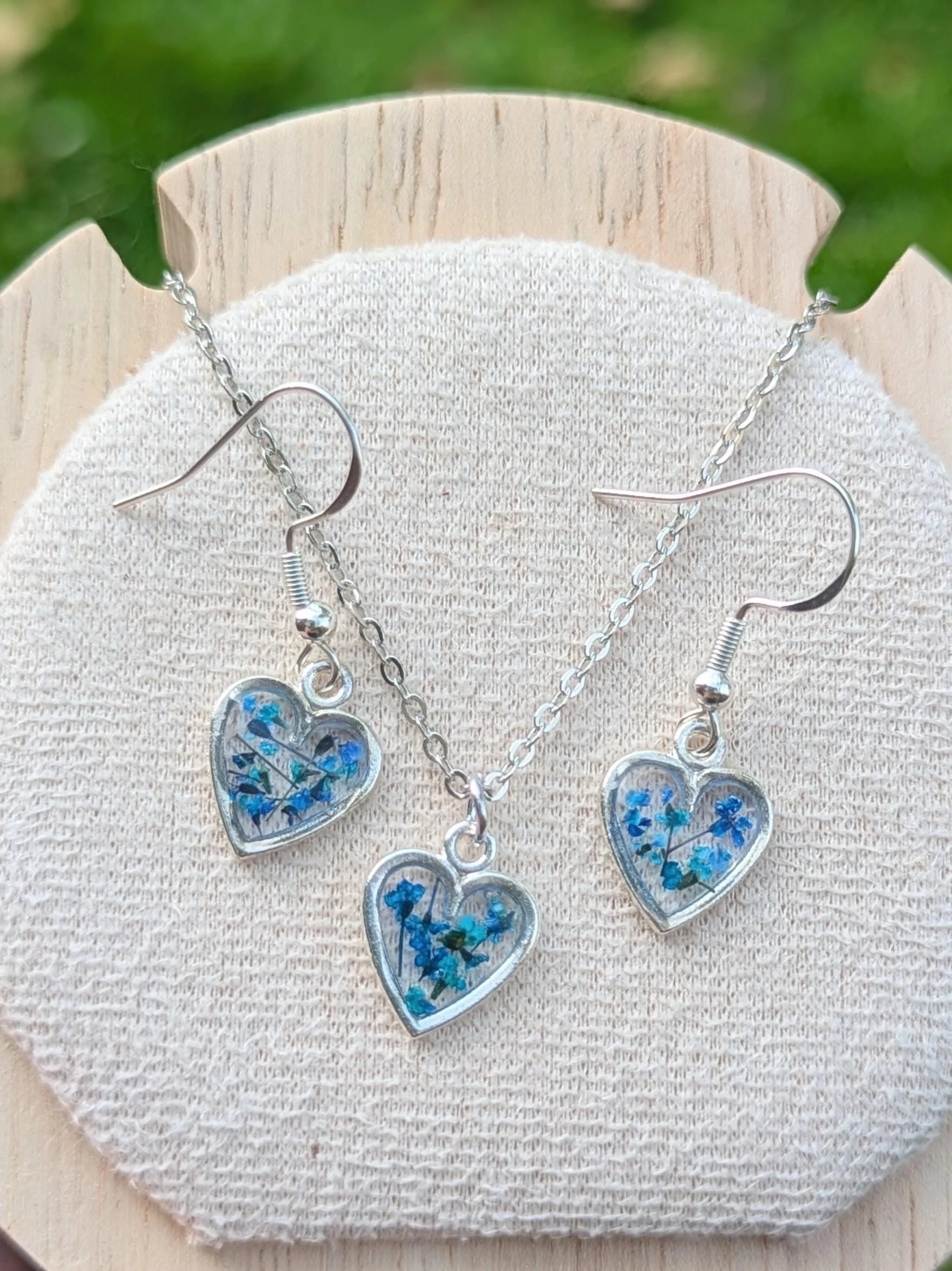 Blue Pressed Flower Heart Jewelry Set: Sterling Silver Earrings & Necklace