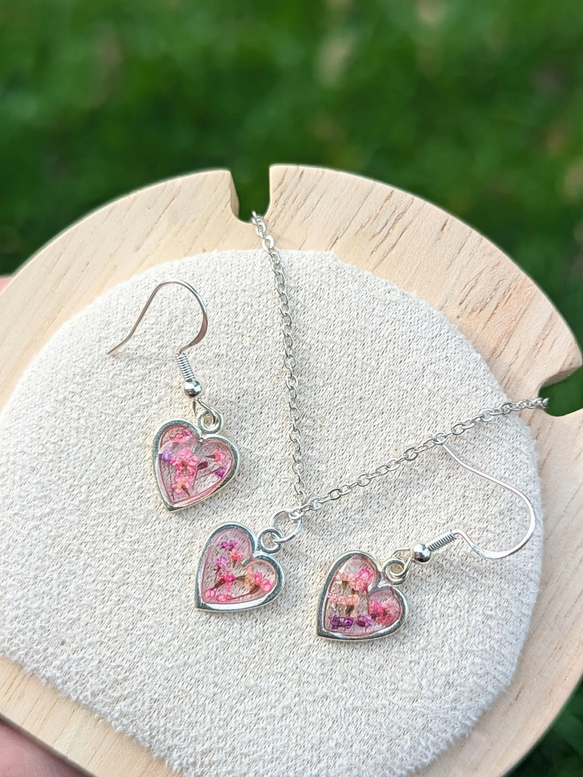 Pressed Flower Heart Jewelry Set: Pink Floral Sterling Silver Earrings and Necklace