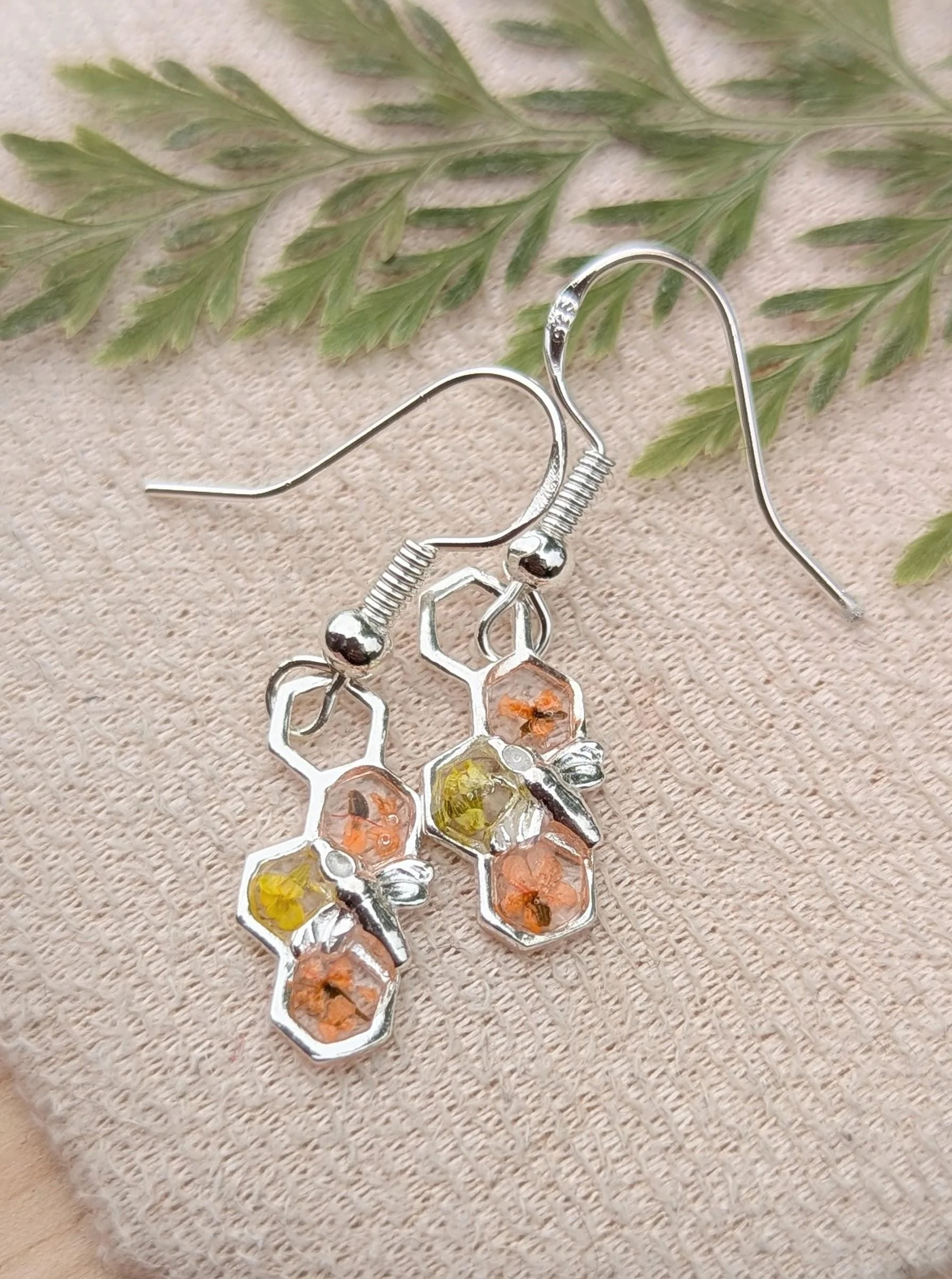 Bumblebee Real Flower Earrings: Sterling Silver Dangle Drop Earrings