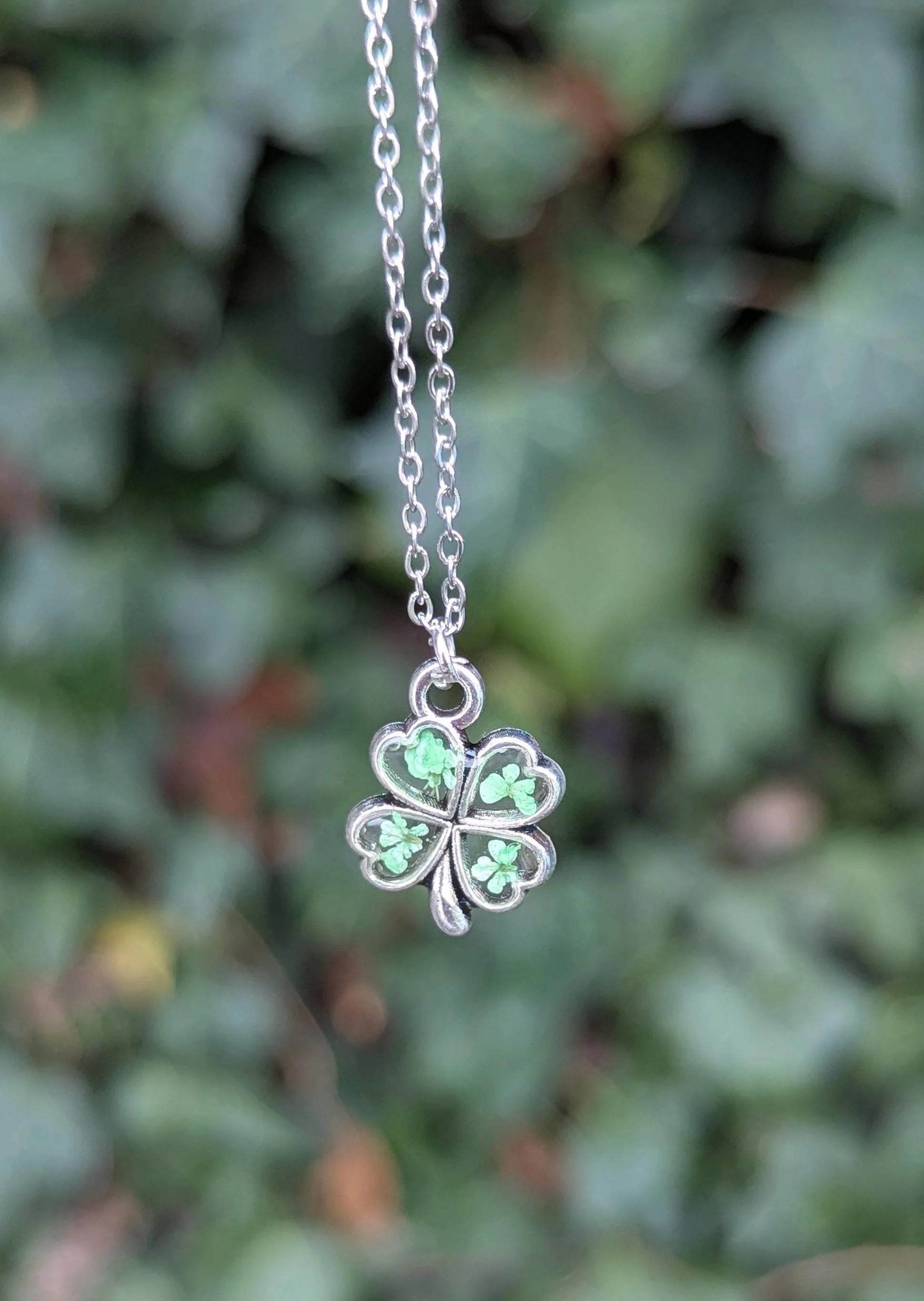 Four Leaf Clover Pressed Flower Resin Pendant: Stainless Steel Chain Necklace