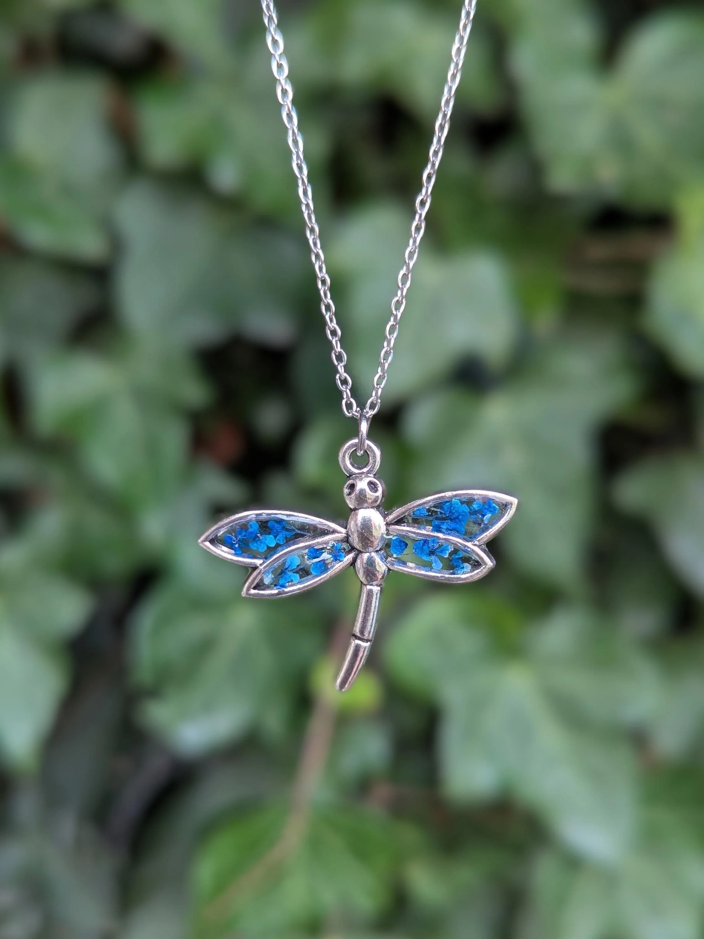 Dragonfly Pressed Flower Pendant: Real Dried Blue Flowers, Resin Necklace, Stainless steel chain