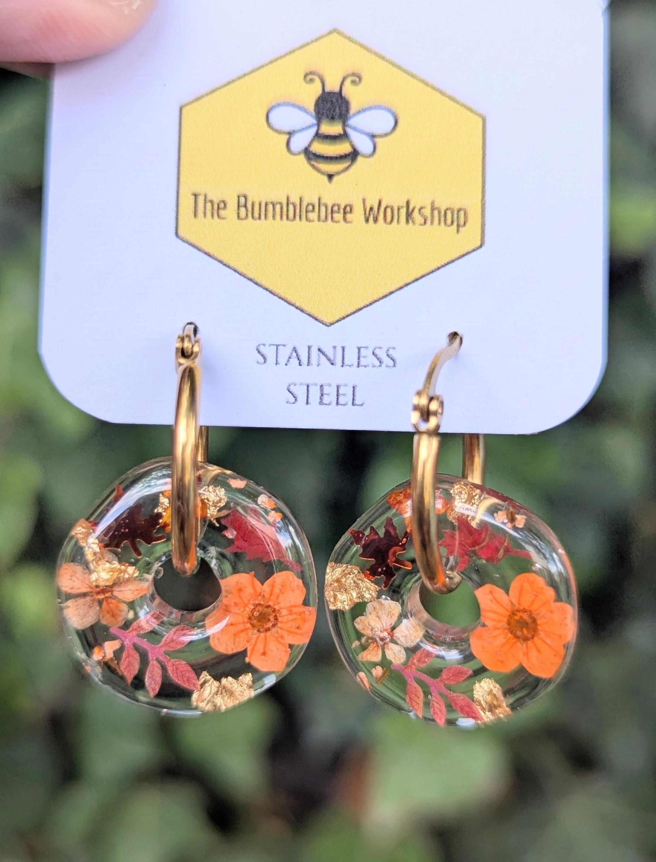 Autumn Earrings: Pressed Flower Donut Earrings, Fall Confetti Resin Hoops
