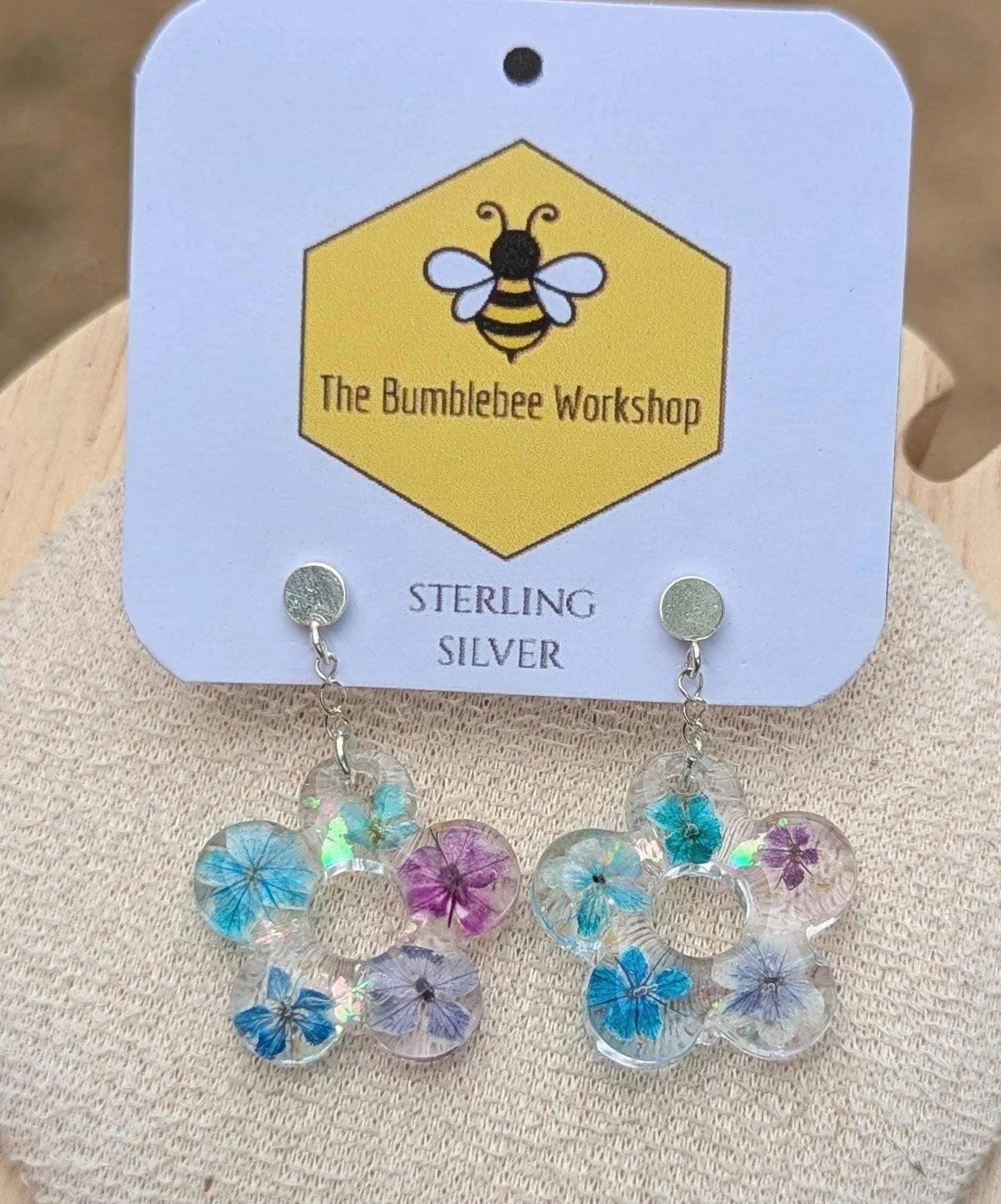 Sterling Silver Pressed Flower Dangle Stud Earrings: Handmade Resin Jewelry