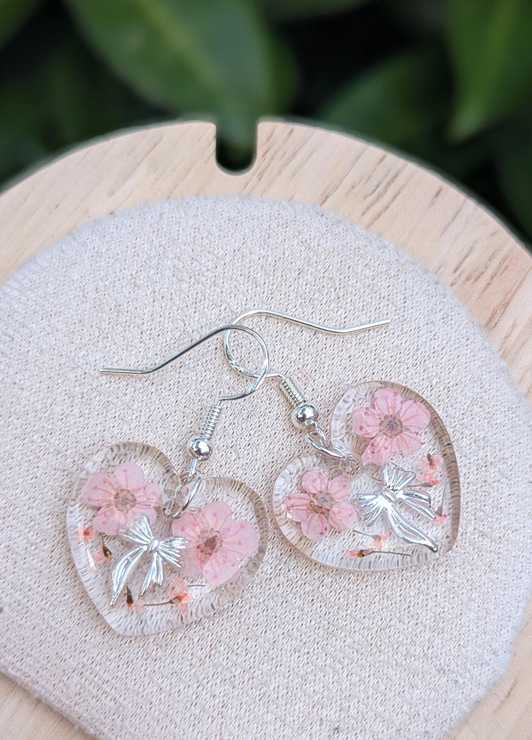Heart Bow Real Flower Earrings: Sterling Silver Dangle Drop Earrings