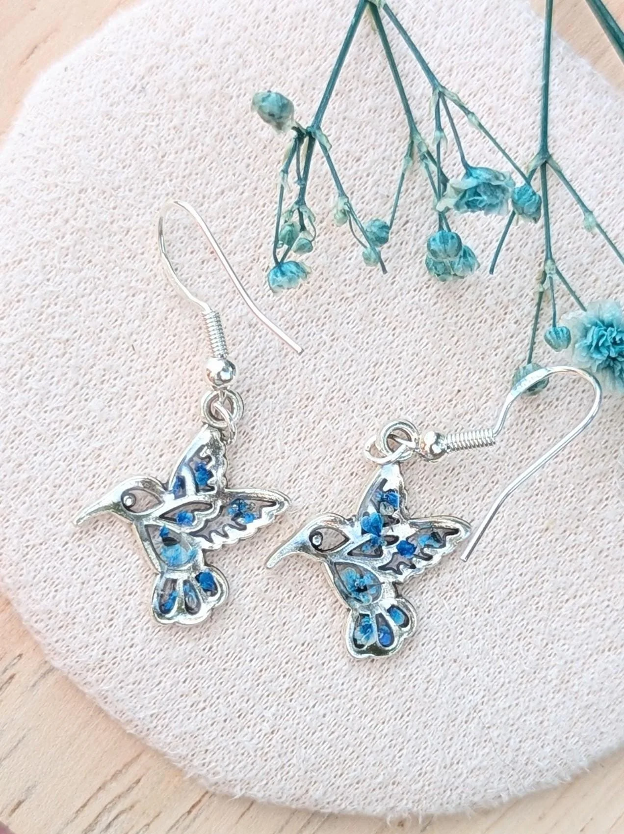 Hummingbird & Pressed Flower Earrings: Sterling Silver Resin Jewelry