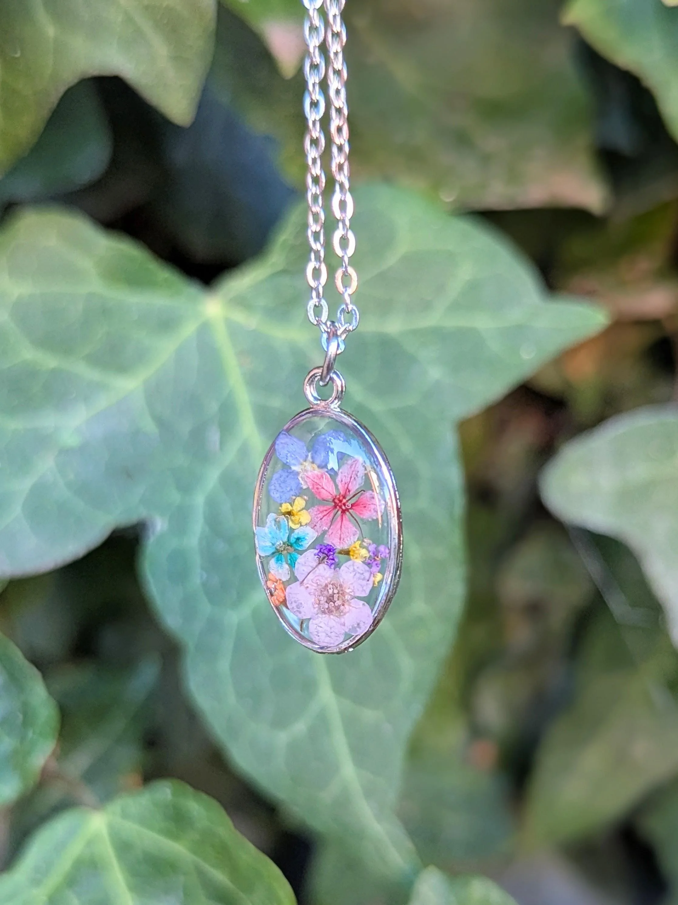 Real Pressed Flower Resin Necklace: Silver Plated Chain, Summer Garden