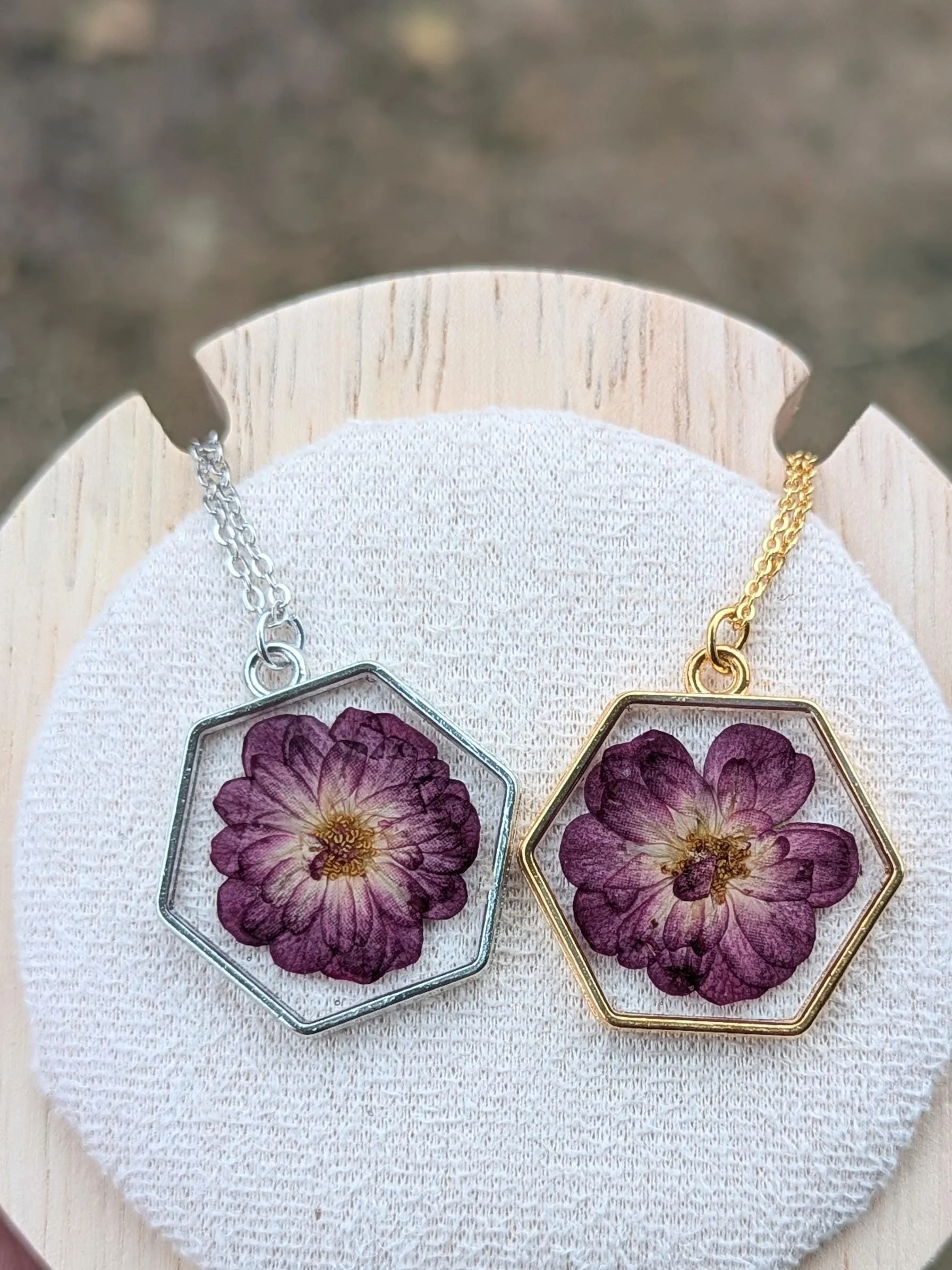 Purple Rose Necklace on Silver Plated Chain. Real Pressed Flower Jewellery