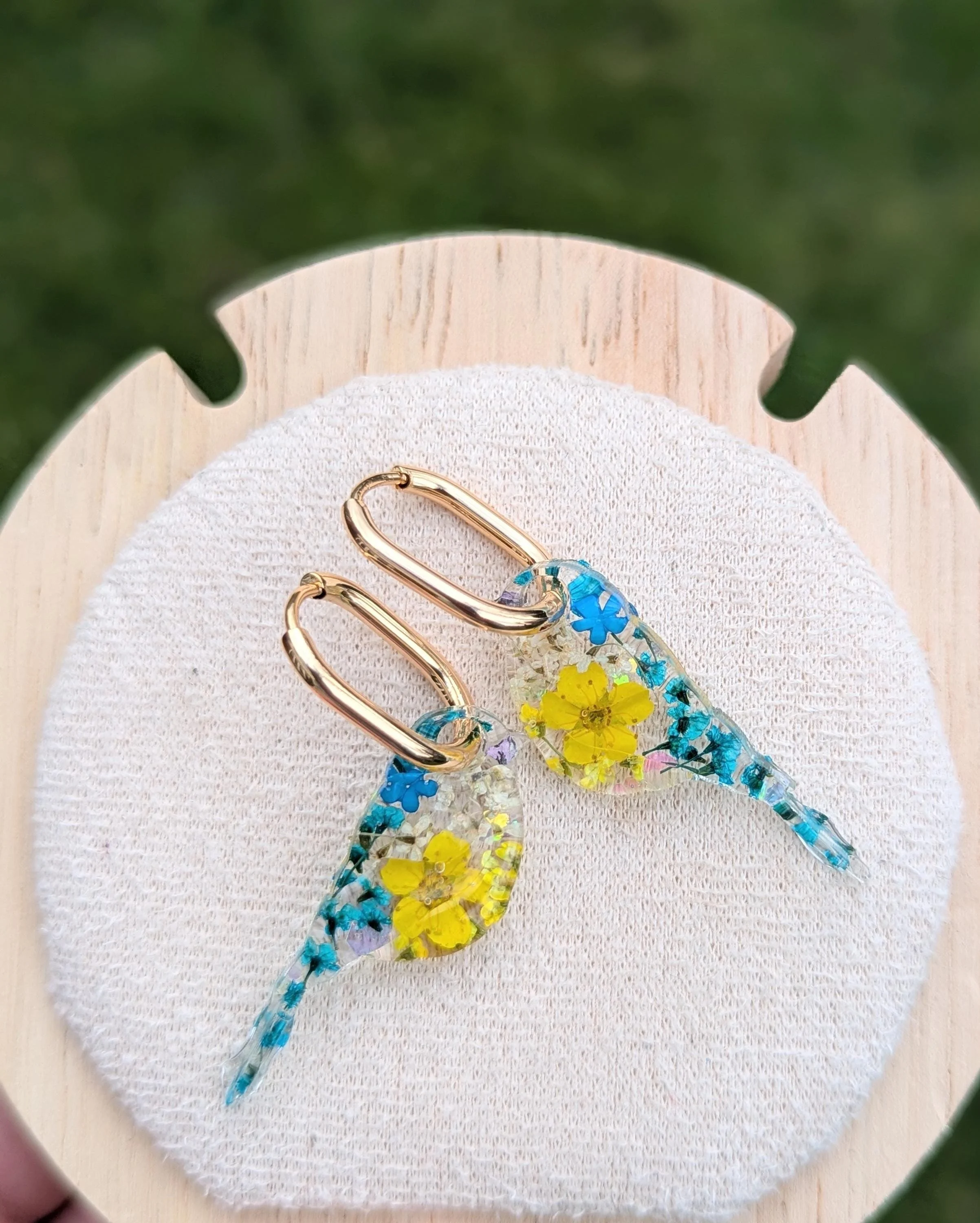 Blue Tit Handmade Pressed Flower Earrings: Bird Resin Dangle on Huggie Hoops