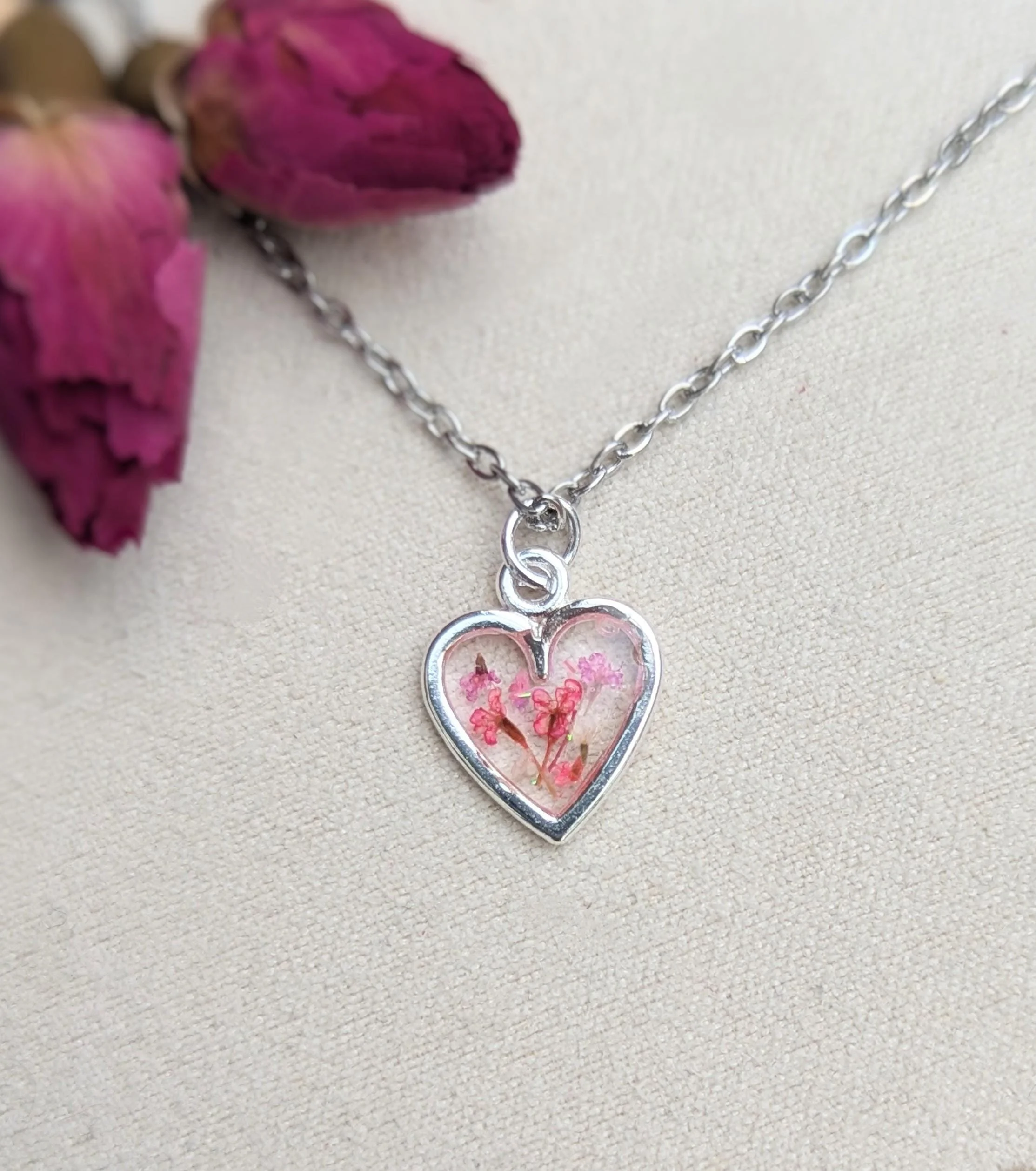 Tiny Heart Necklace: Real Pressed Flowers in Resin, Stainless Steel Chain