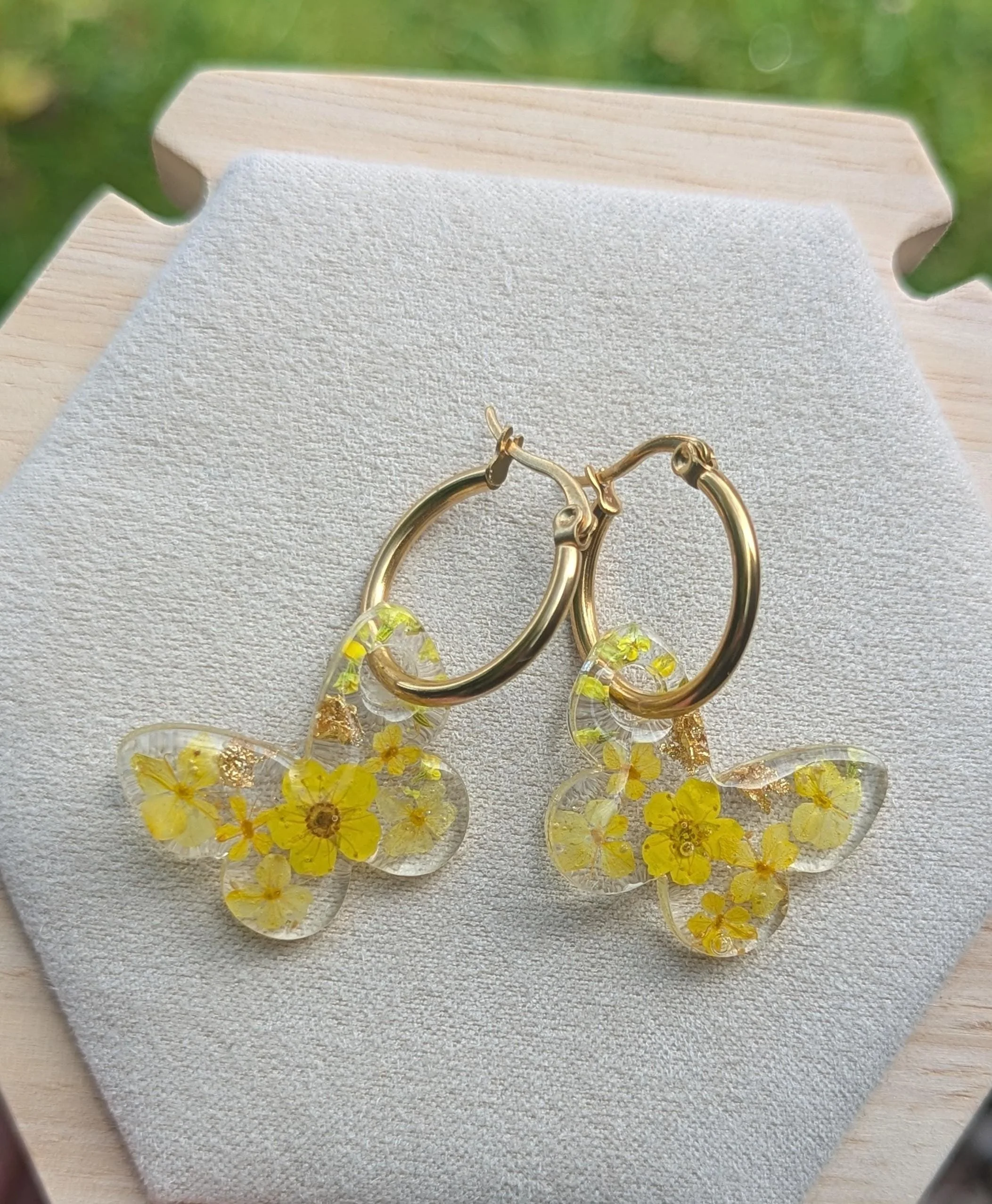Butterfly Resin Earrings: Real Pressed Flowers, Stainless Steel Hoops