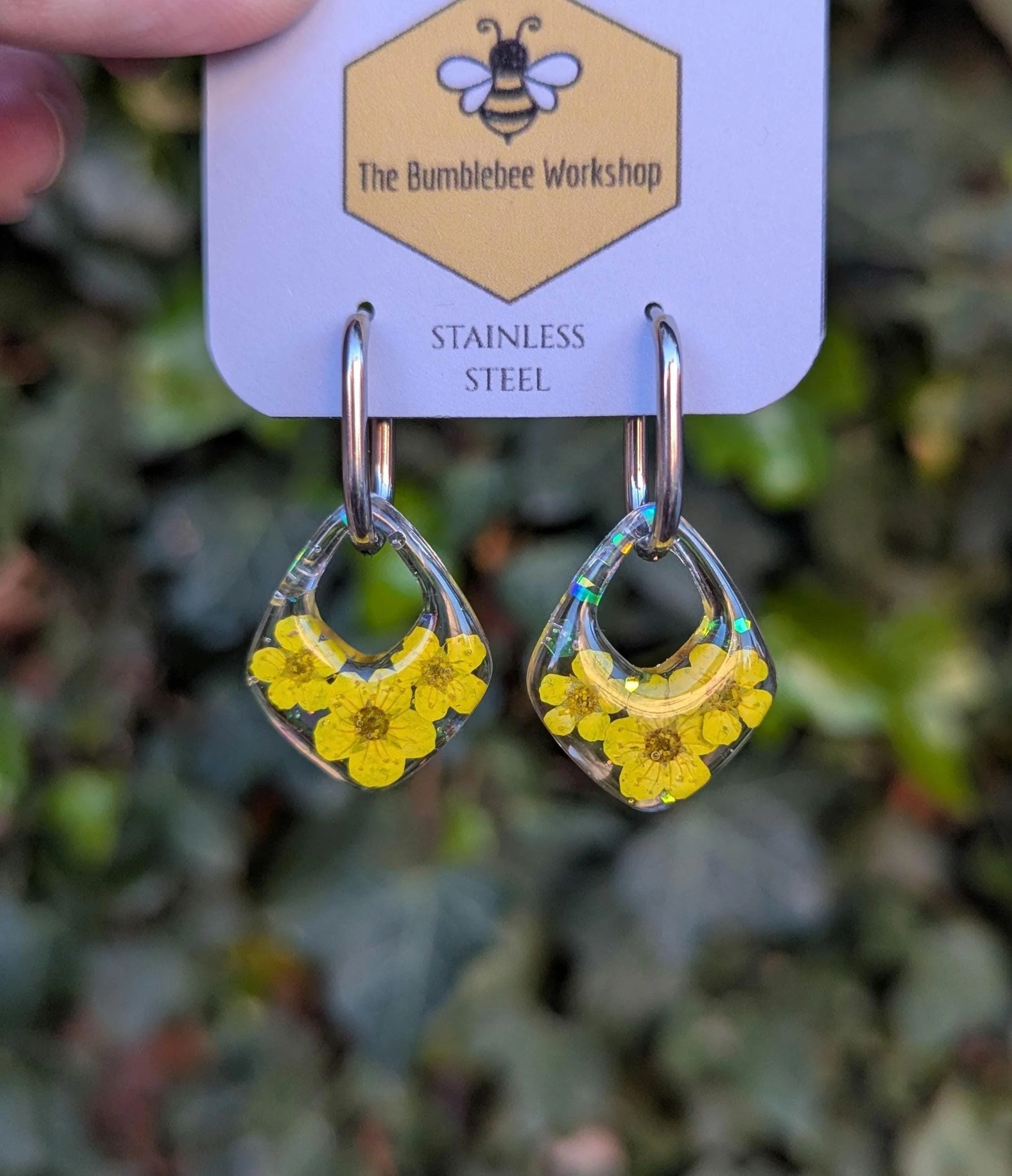 Yellow Pressed Flower Resin Earrings: Diamond Huggie Hoops