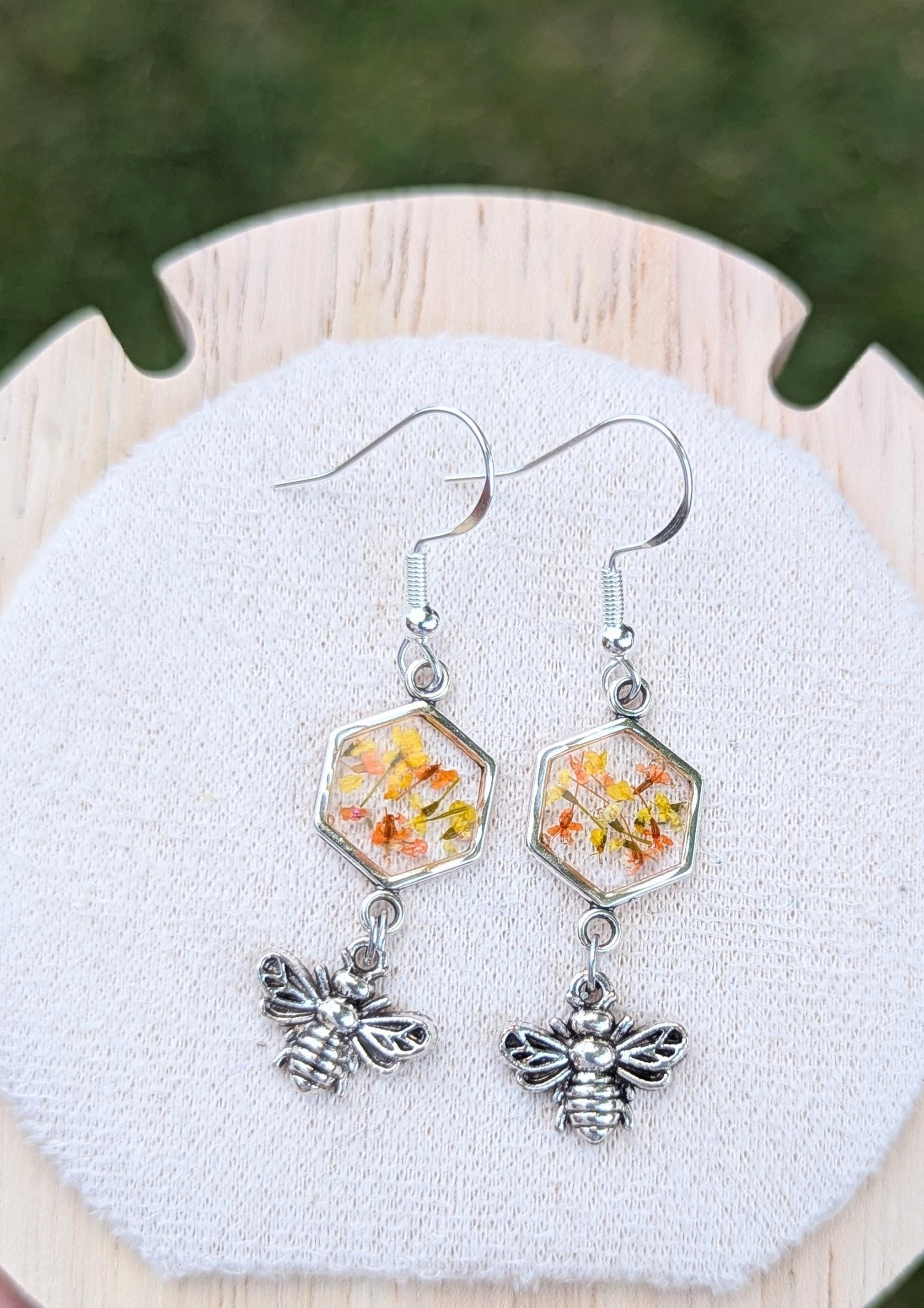 Bumblebee Dangle Earrings: Pressed Flowers, Sterling Silver Hooks