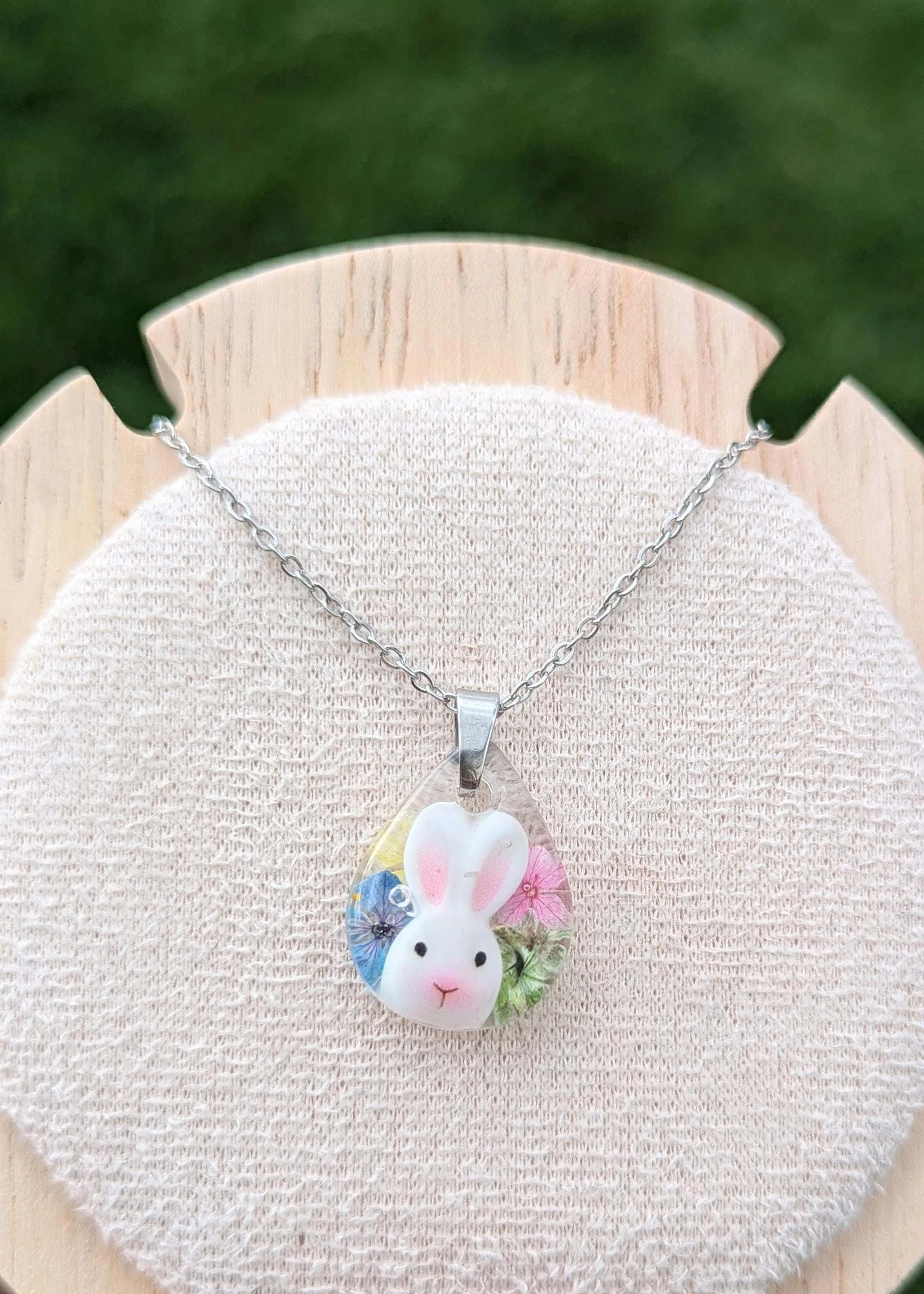 Easter Handmade Pressed Flower Necklace: Bunny Teardrop Resin Dangle Pendant