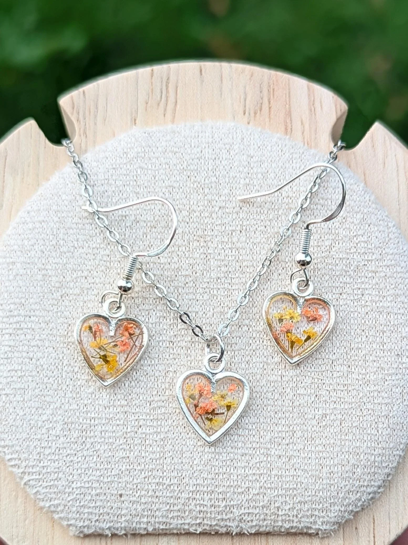 Resin Heart Necklace and Earrings Set: Pressed Yellow and Orange Flowers, Sterling Silver Hooks